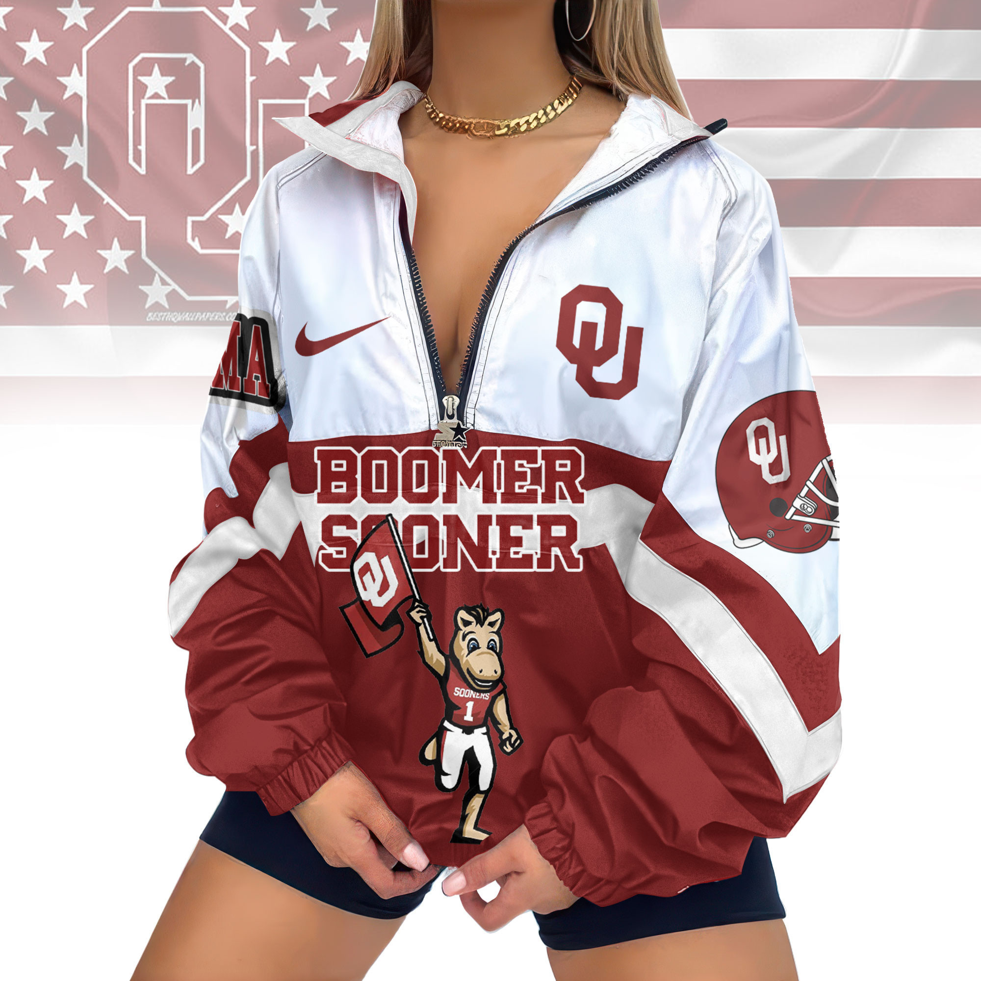 Oklahoma Sooners | Premium Women's Printed V-Neck Zipper Sweatshirt Jackets TD