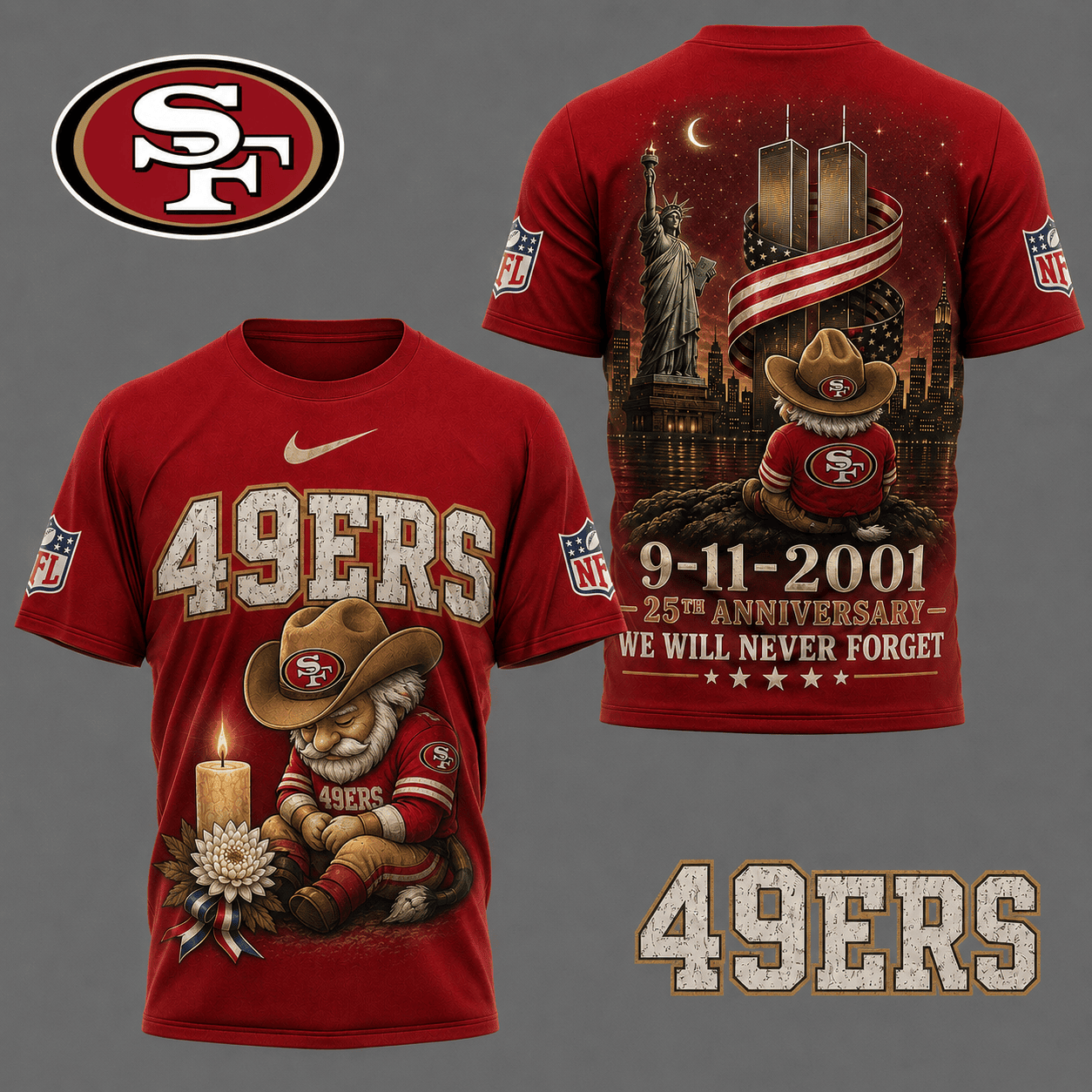 San Francisco 49ers| Premium NFL 9/11 25th Anniversary Never Forget Memorial 3D Shirt NY