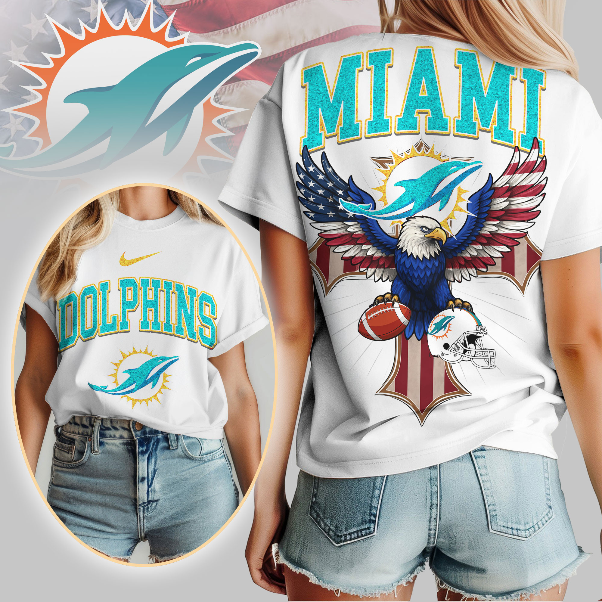 Miami Dolphins | Premium NFL Freedom Eagle Women Shirt TD
