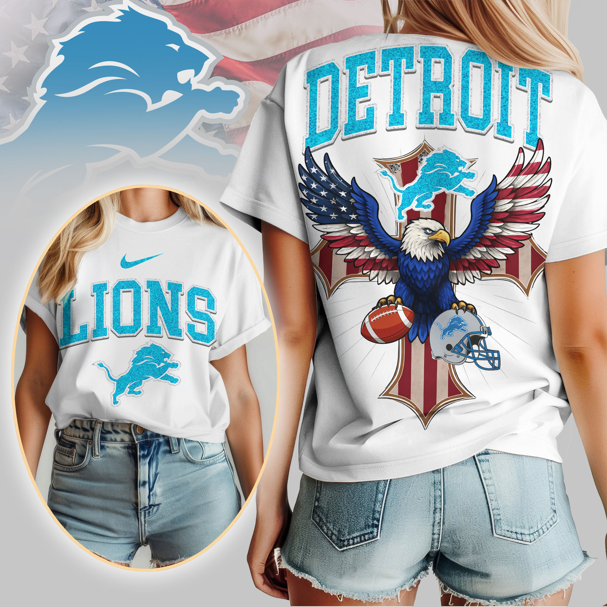 Detroit Lions | Premium NFL Freedom Eagle Women Shirt TD