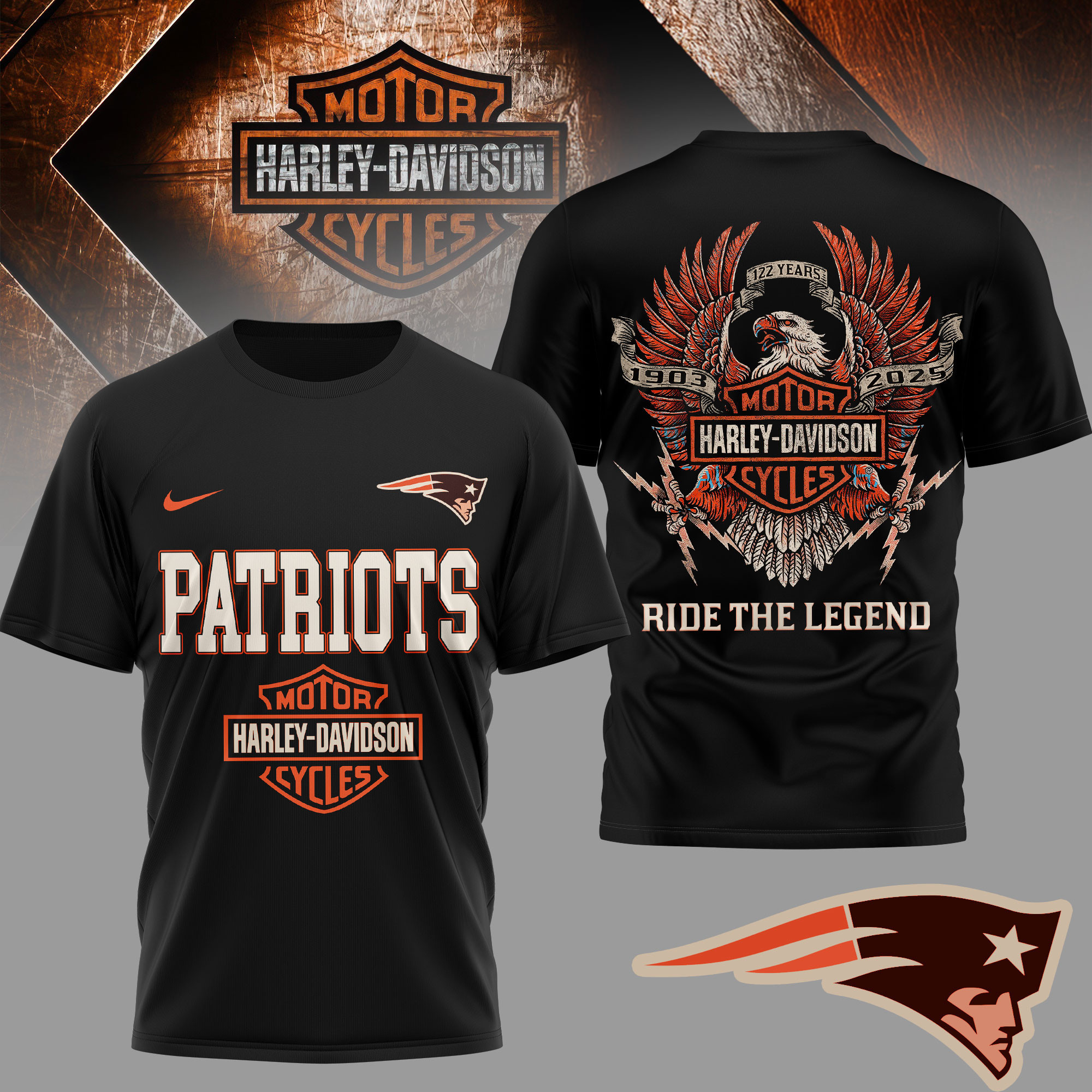 New England Patriots | Premium NFL 122 Year Harley Davidson 3D Shirt TD
