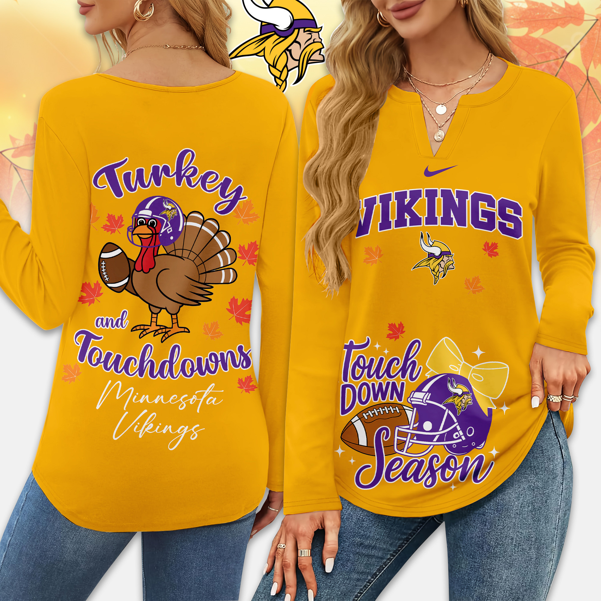 Minnesota Vikings | Premium NFL Turkey and Touchdowns V-neck Long Sleeve Shirt TD