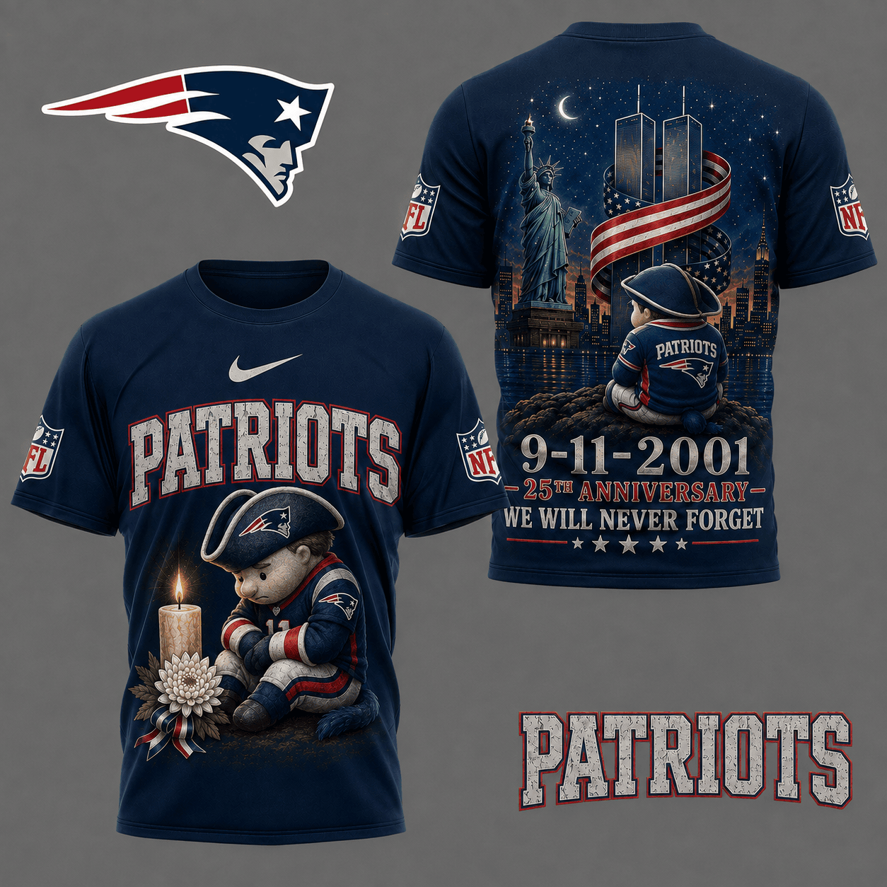 New England Patriots| Premium NFL 9/11 25th Anniversary Never Forget Memorial 3D Shirt NY