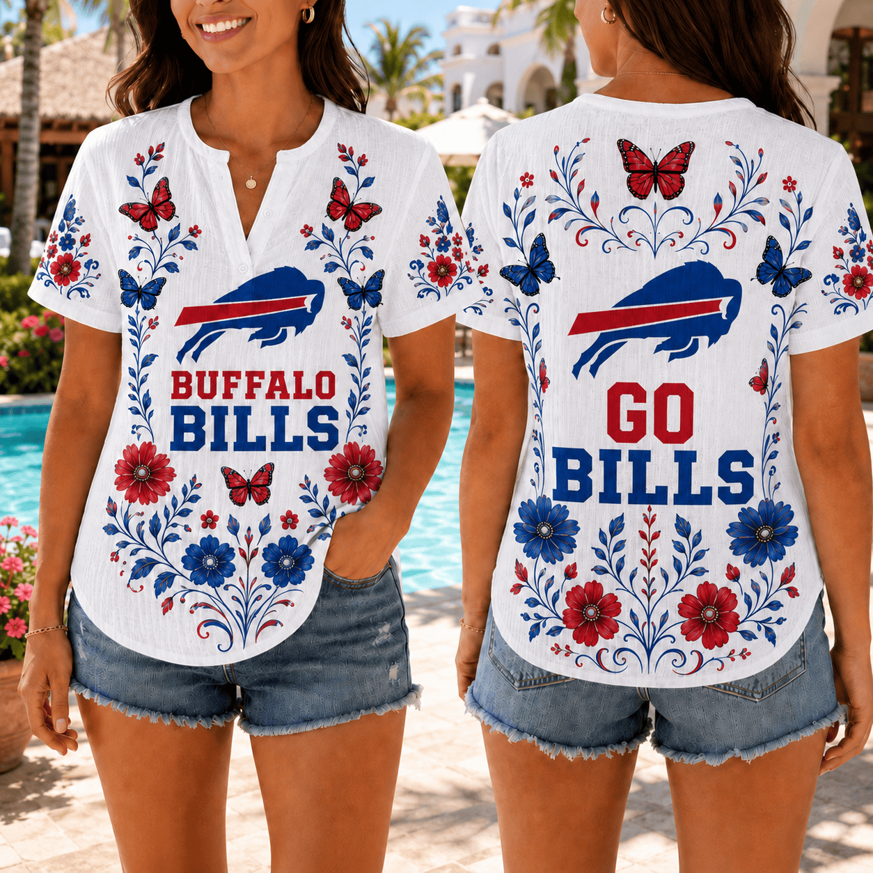 Buffalo Bills | Premium NFL Butterfly Game Day Women’s Summer Linen Shirt TD