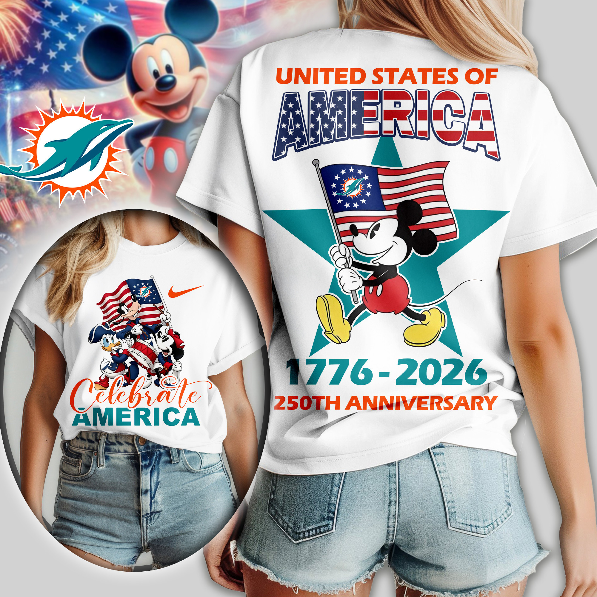 Miami Dolphins | Premium NFL Mickey Celebrate America Women Shirt TD