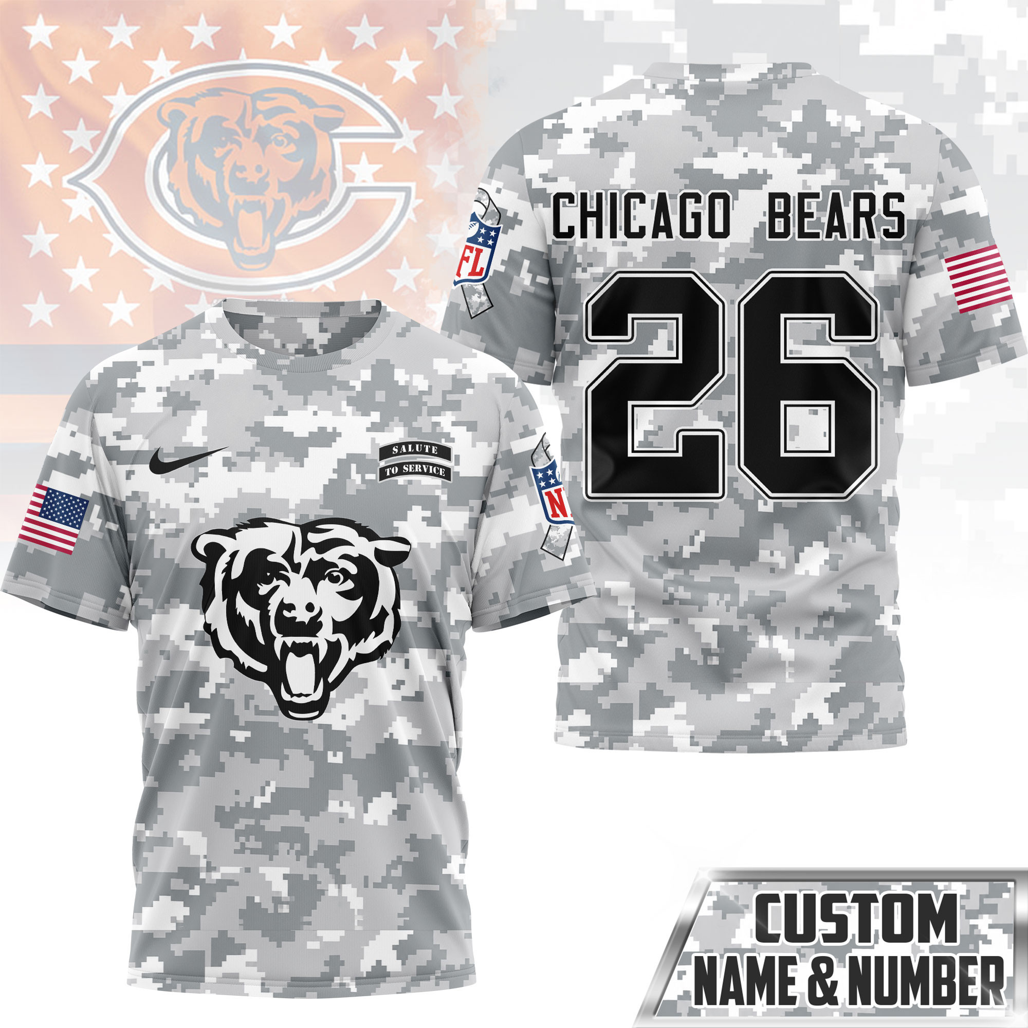 Chicago Bears | Premium NFL Salute to Service Custom Name & Number Camo 3D Shirt NY