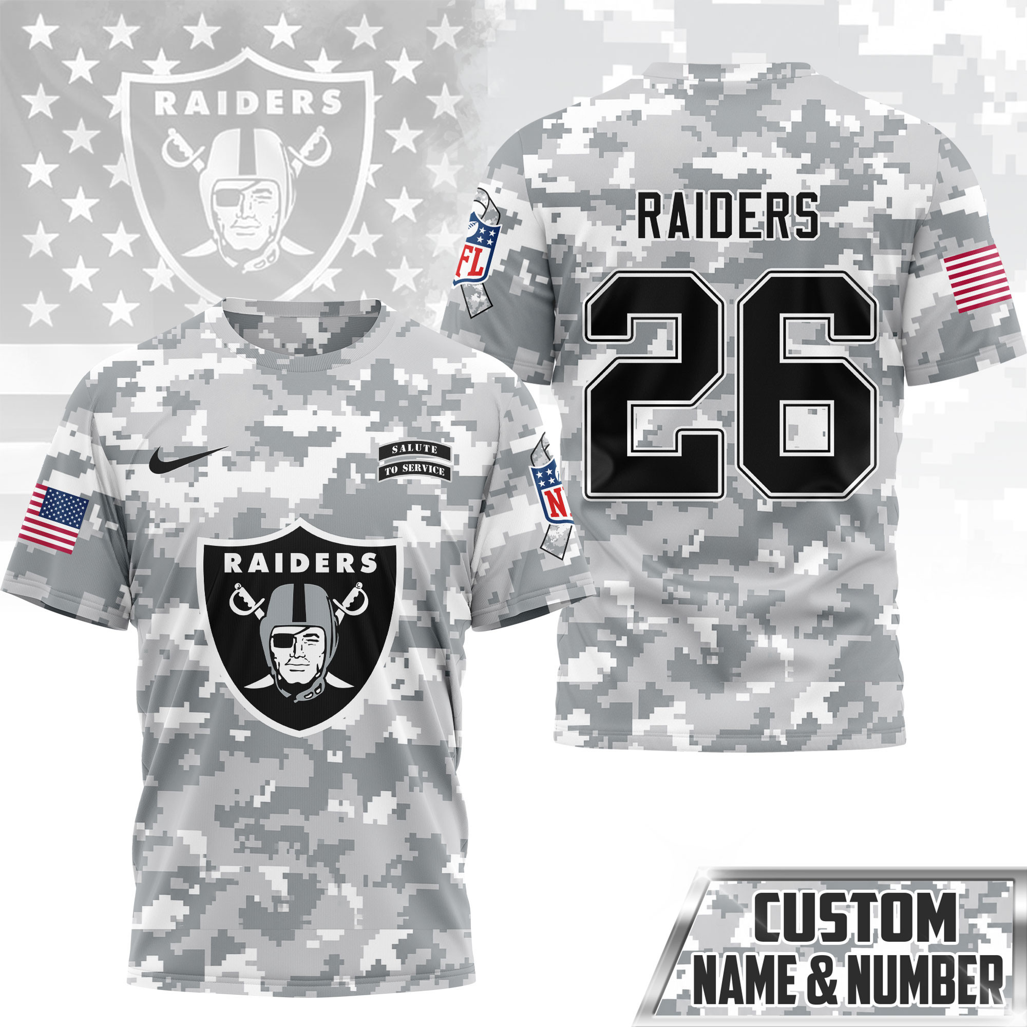 Las Vegas Raiders | Premium NFL Salute to Service Custom Name & Number Camo 3D Shirt NY