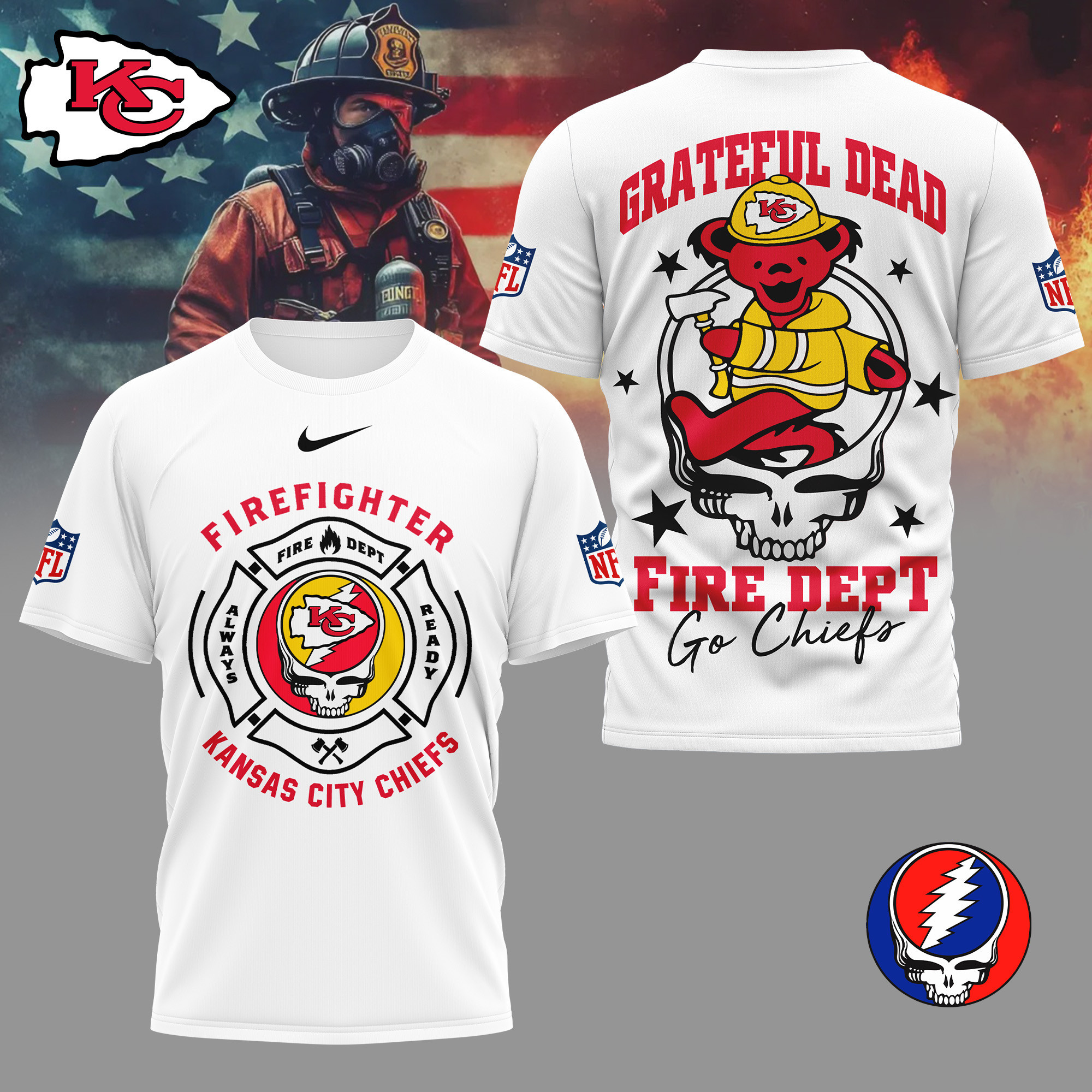 Kansas City Chiefs | Premium NFL Grateful Dead Firefighter 3D Shirt NY