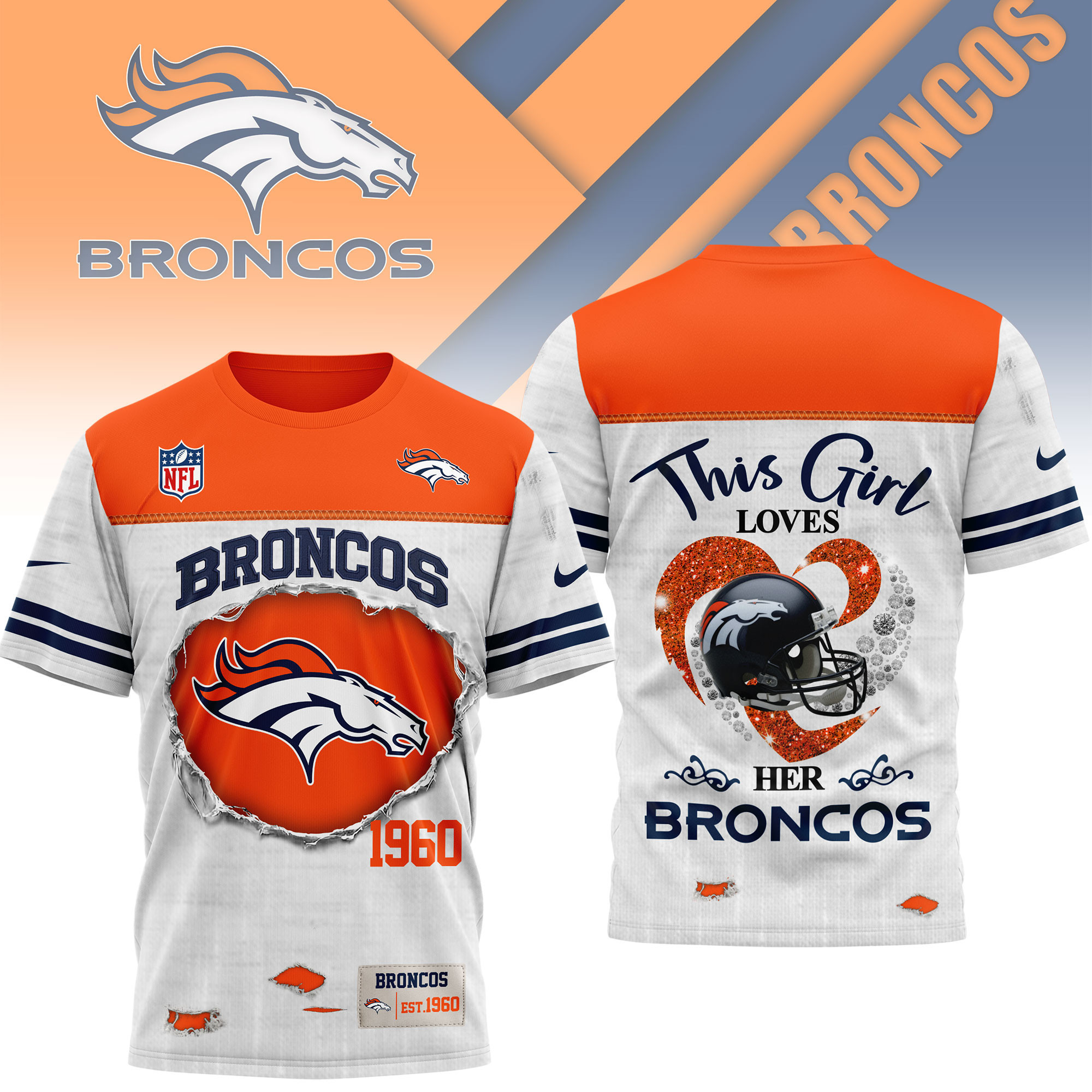 Denver Broncos | Premium NFL Girl Heart & Helmet 3D Shirt NTH1