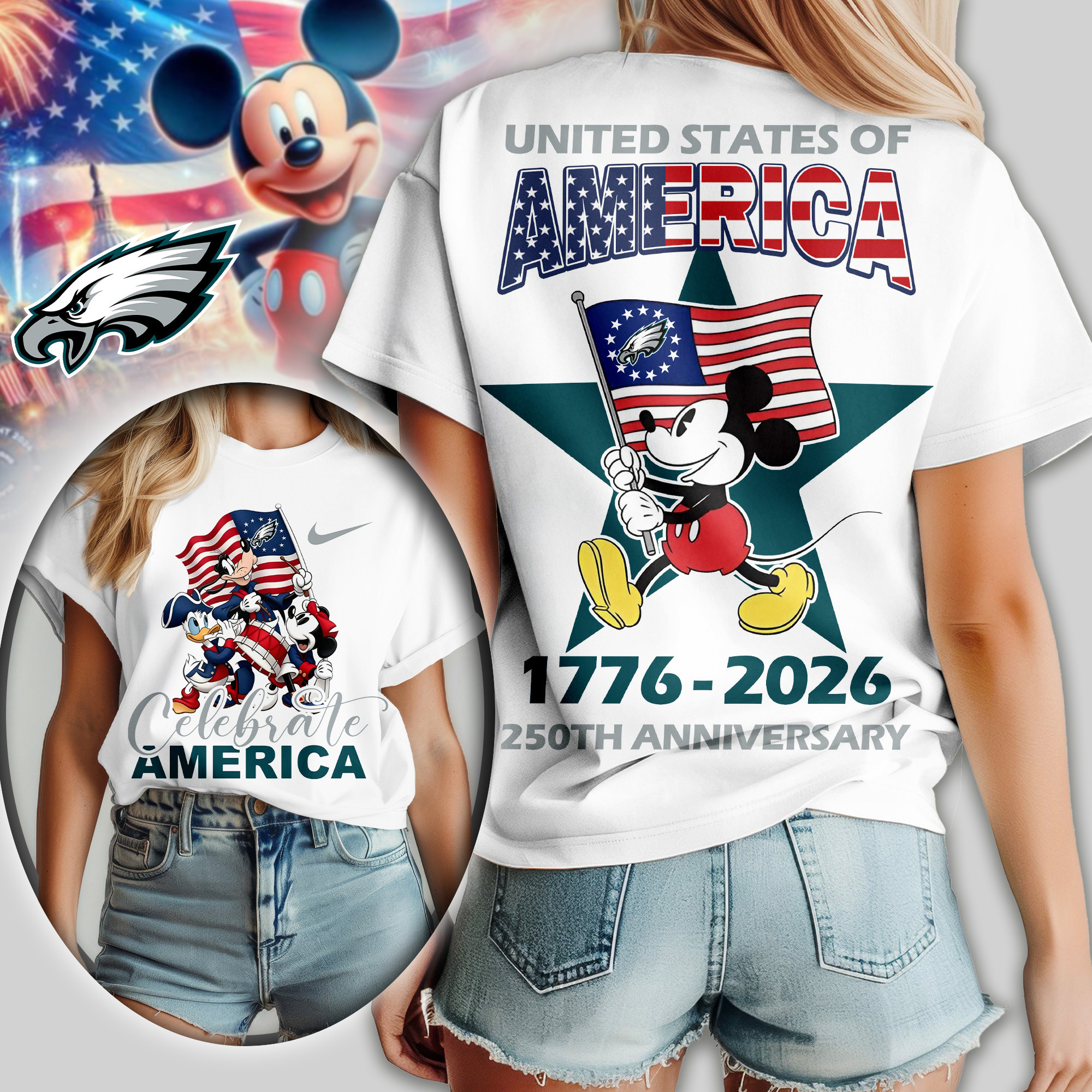 Philadelphia Eagles | Premium NFL Mickey Celebrate America Women Shirt TD
