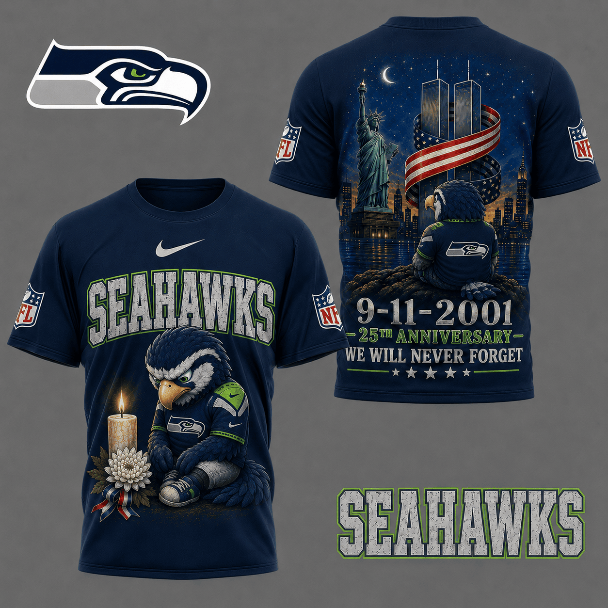 Seattle Seahawks| Premium NFL 9/11 25th Anniversary Never Forget Memorial 3D Shirt NY