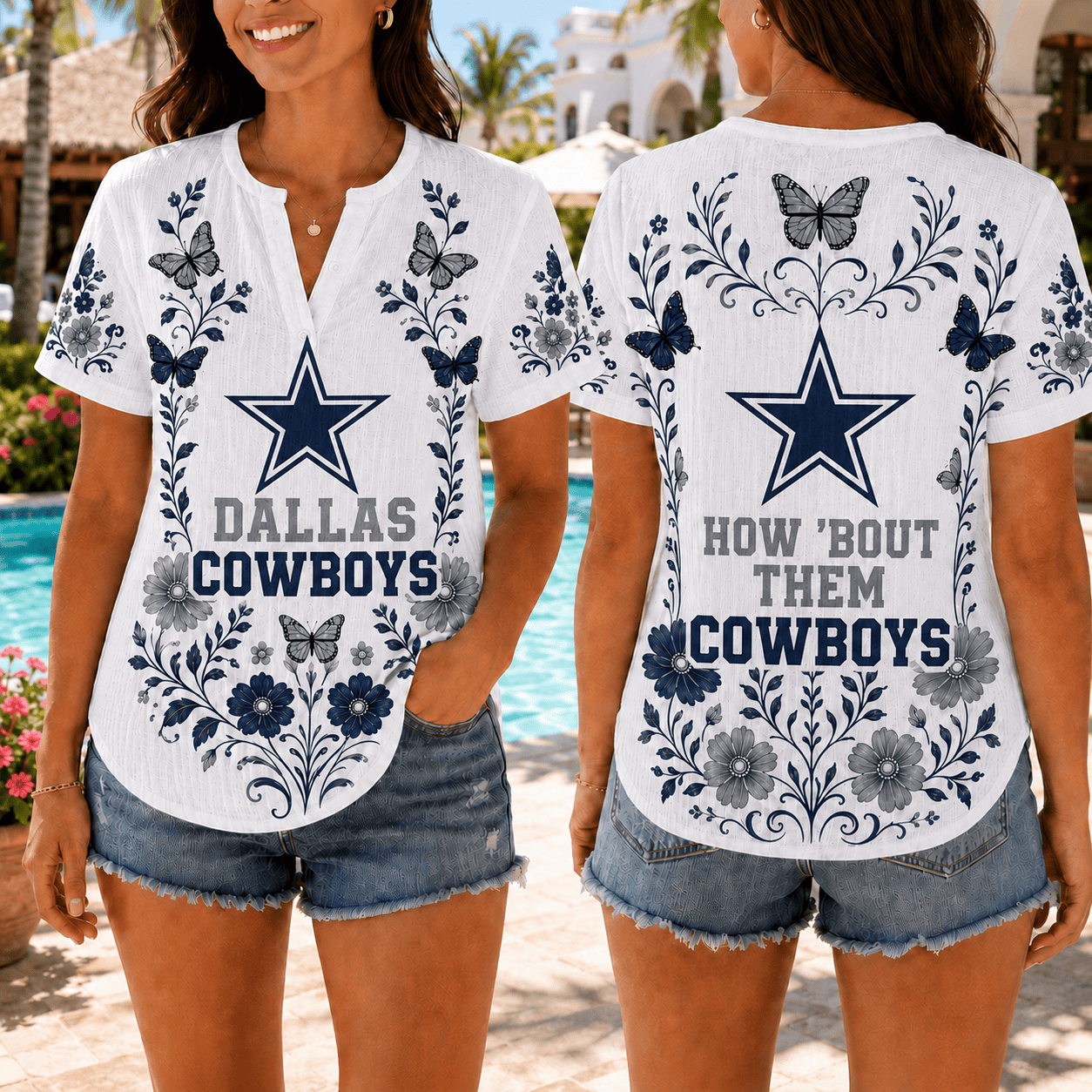 Dallas Cowboys | Premium NFL Butterfly Game Day Women’s Summer Linen Shirt TD