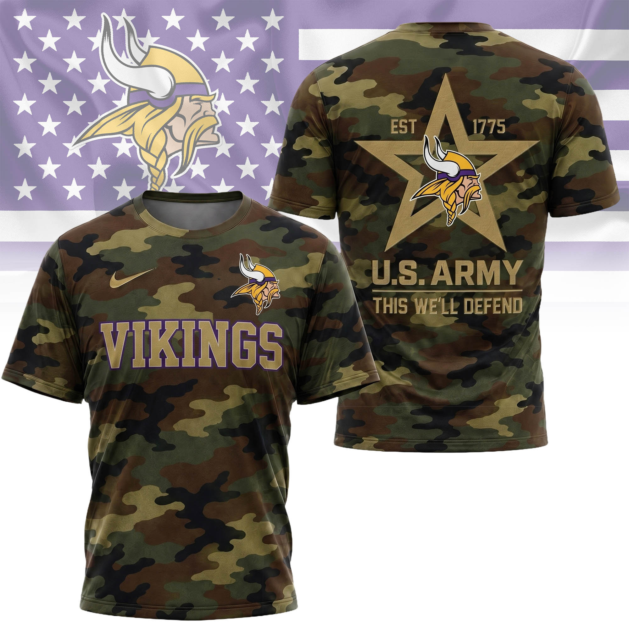 Minnesota Vikings | Premium NFL U.S. Army Camo 3D Shirt NY