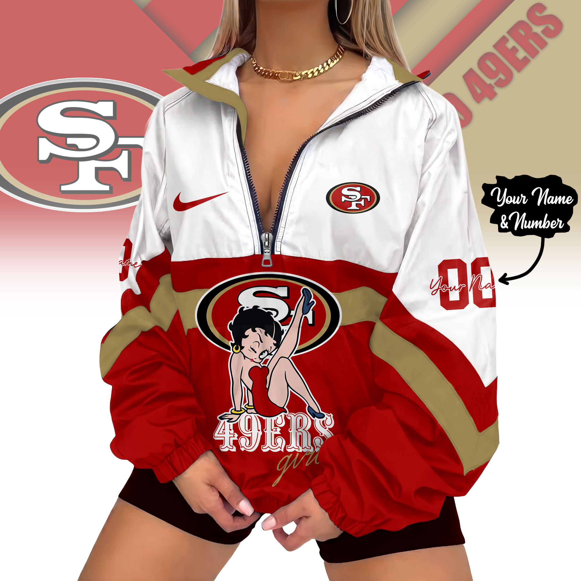 San Francisco 49ers | Premium NFL Custom Game Day Girl Windbreaker V-Neck Zipper Sweatshirt Jackets NTH1