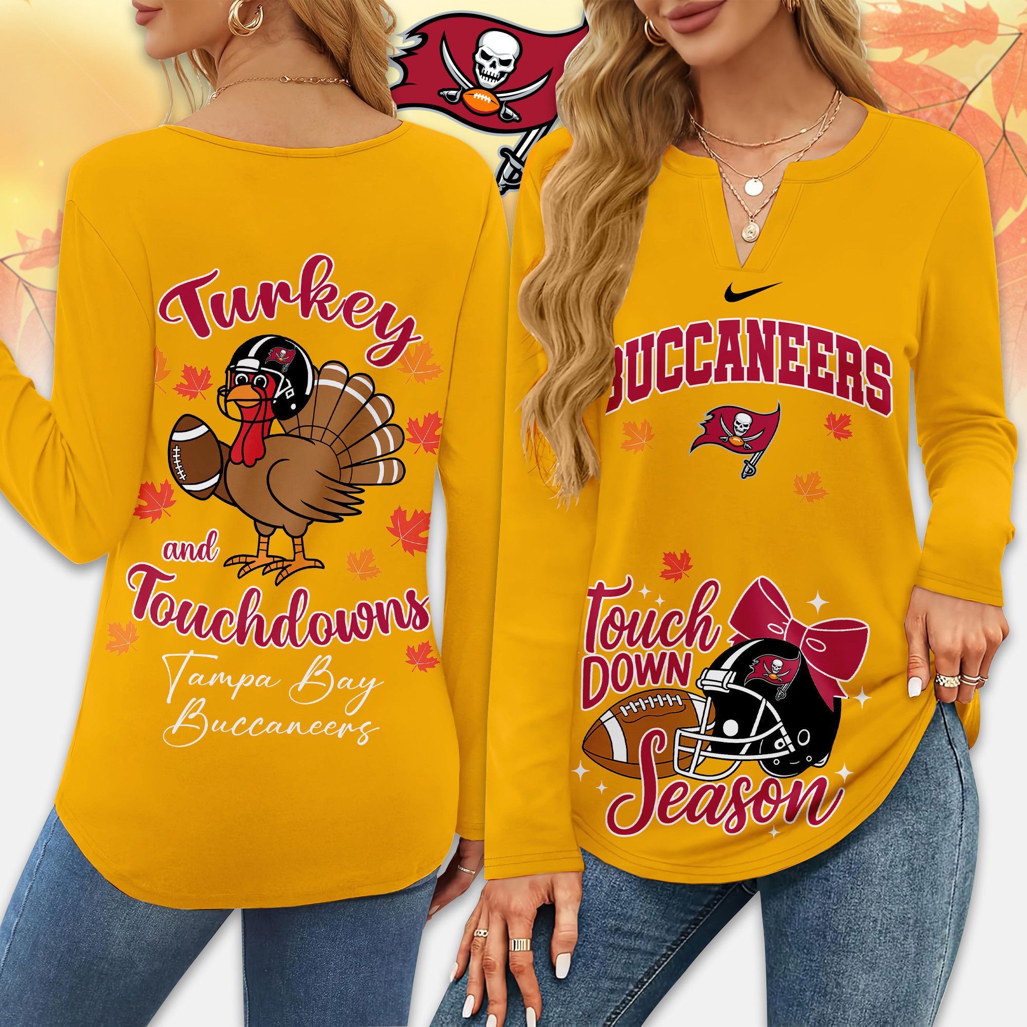 Tampa Bay Buccaneers | Premium NFL Turkey and Touchdowns V-neck Long Sleeve Shirt TD