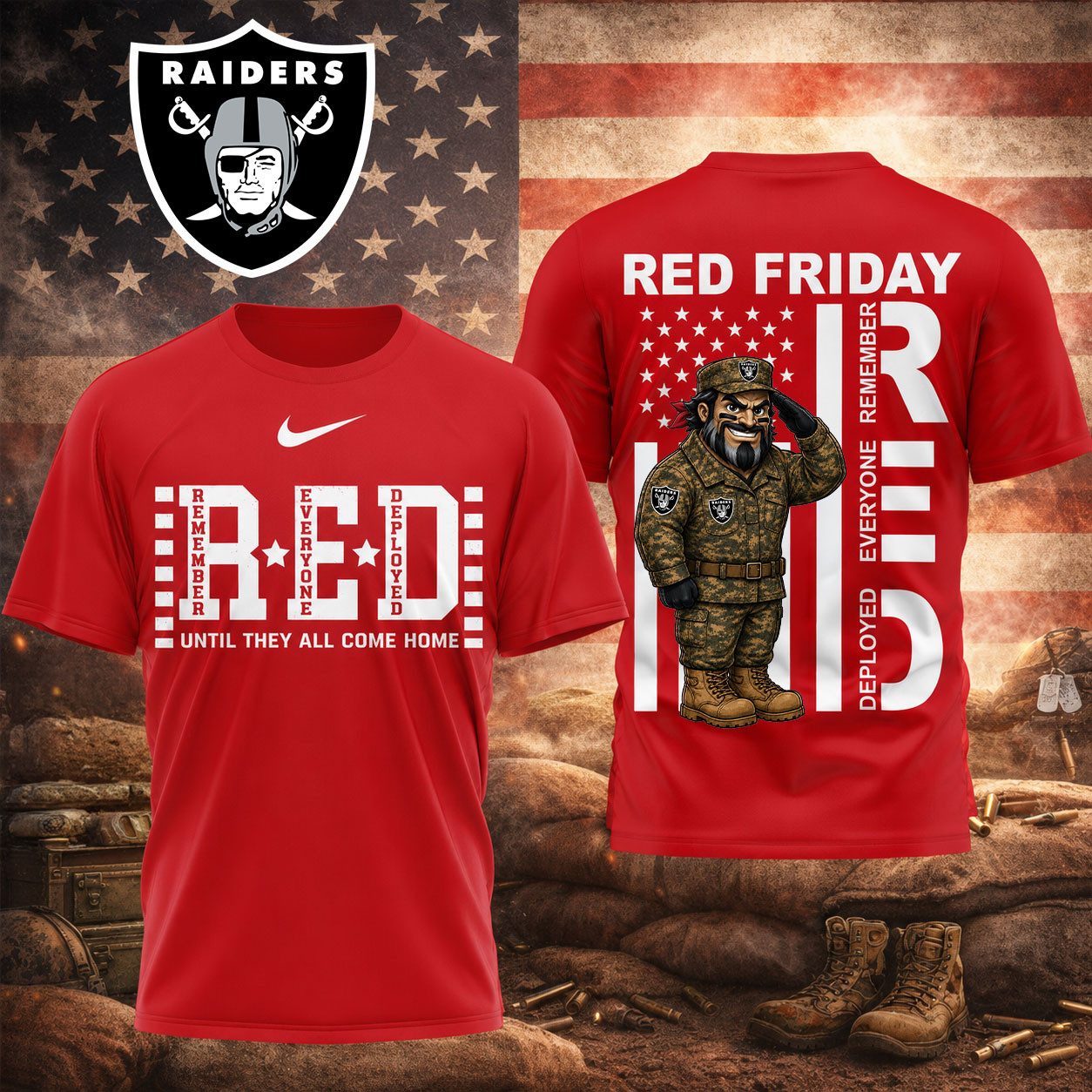 Las Vegas Raiders | Premium NFL Red Friday Remember Everyone Deployed Veteran Tribute T-Shirt TD