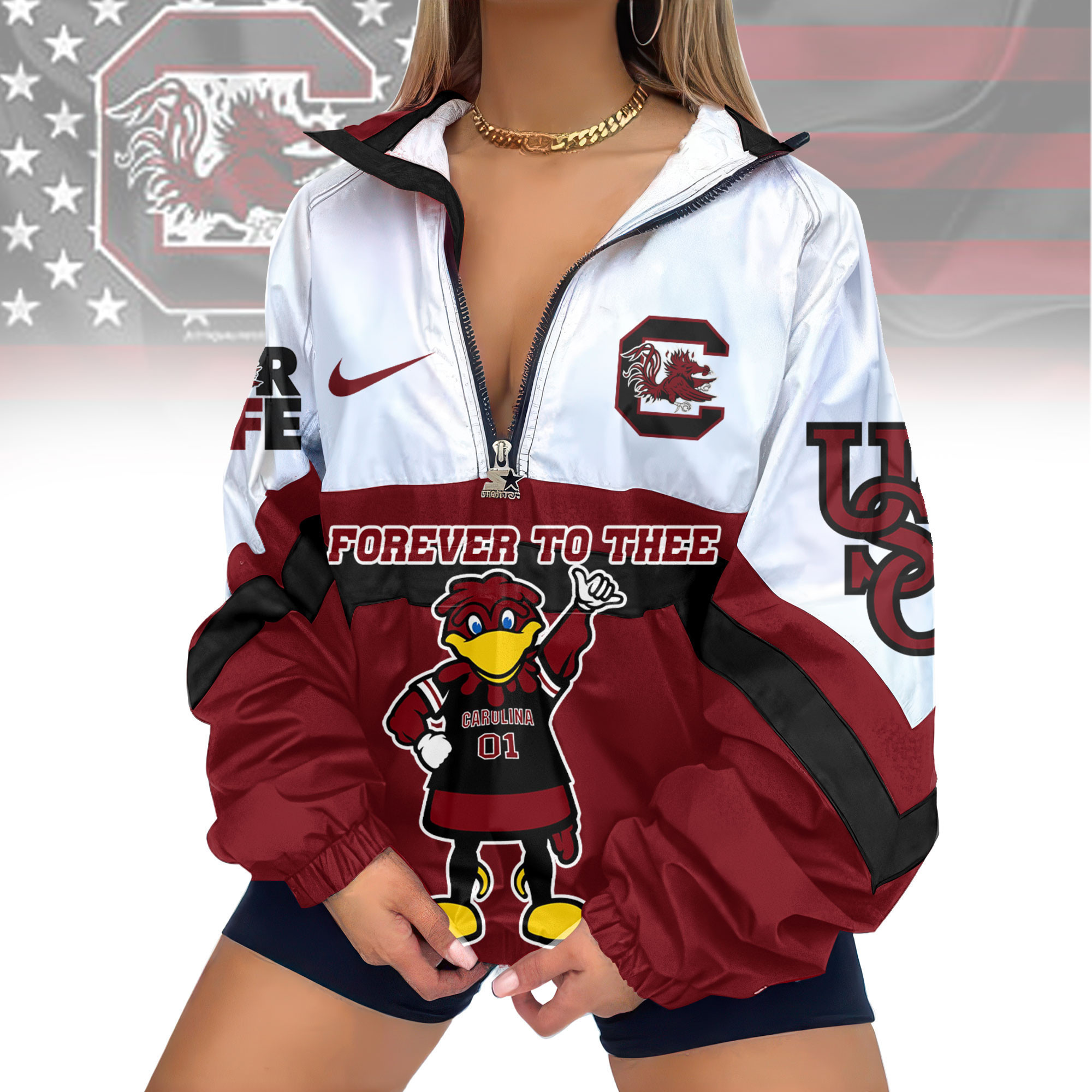 South Carolina Gamecocks | Premium Women's Printed V-Neck Zipper Sweatshirt Jackets TD