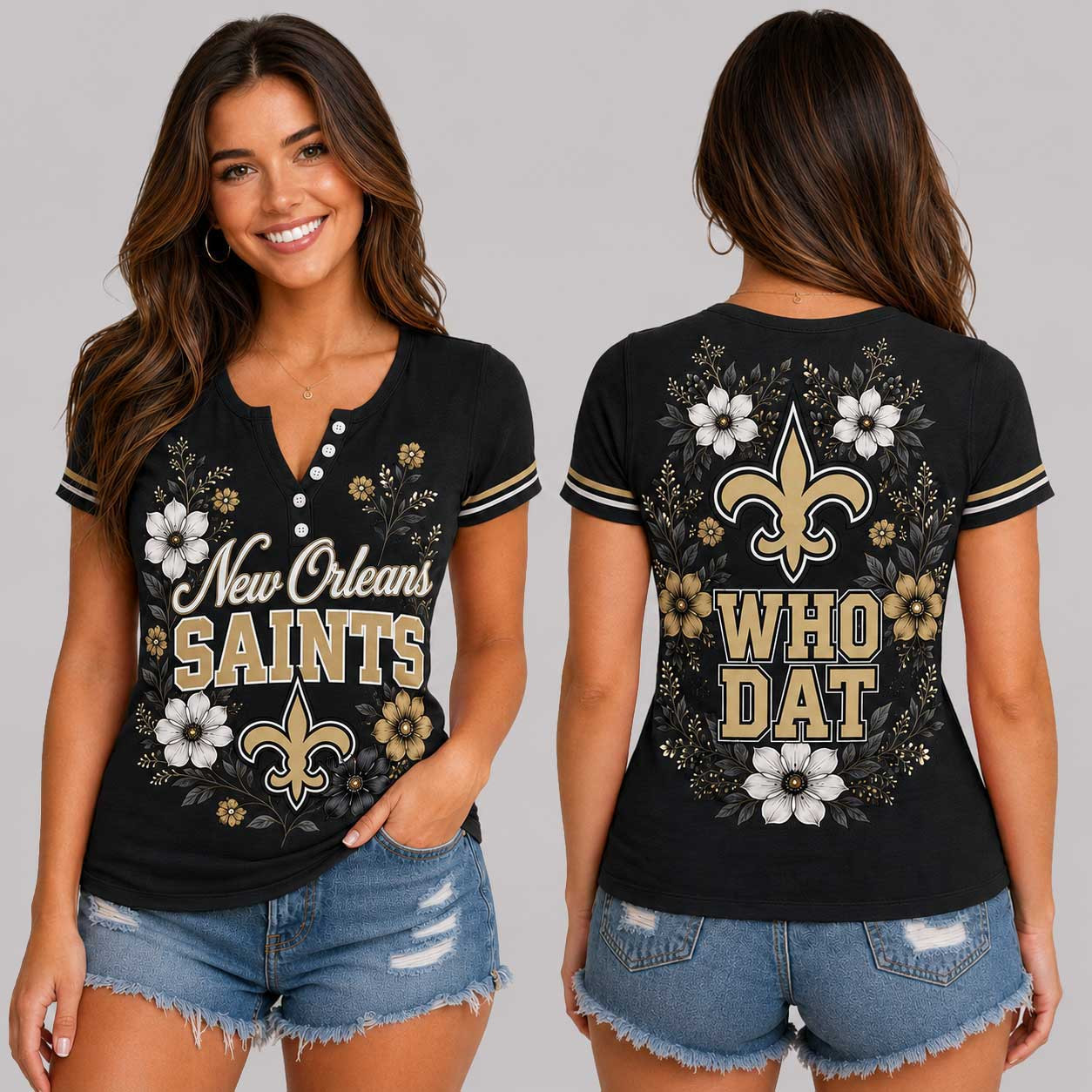New Orleans Saints | Premium NFL Team Pride Elegant Game Day Women’s Button V-Neck Shirt TD