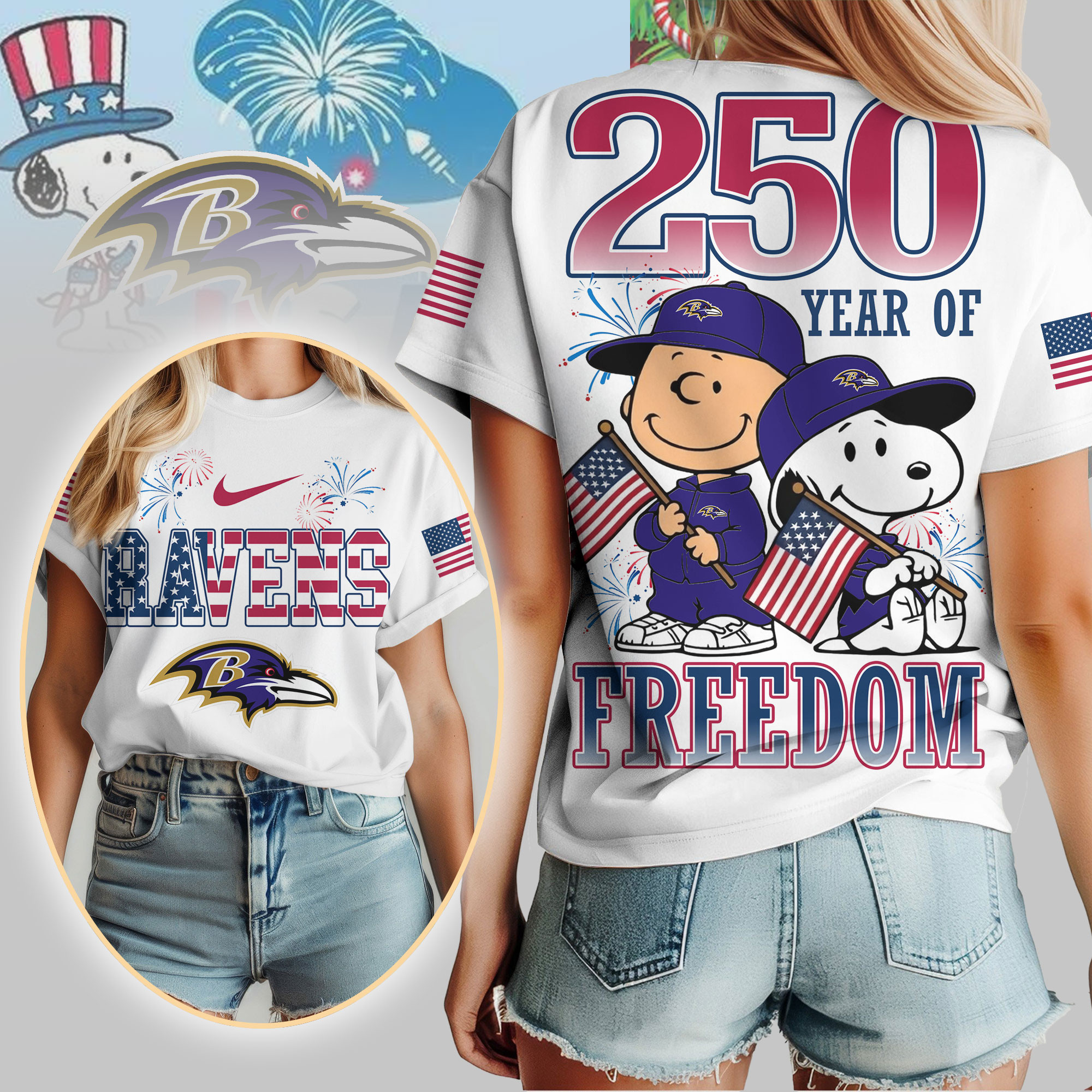 Baltimore Ravens | Premium NFL Peanuts 250 Years Of Freedom 3D Shirt NP