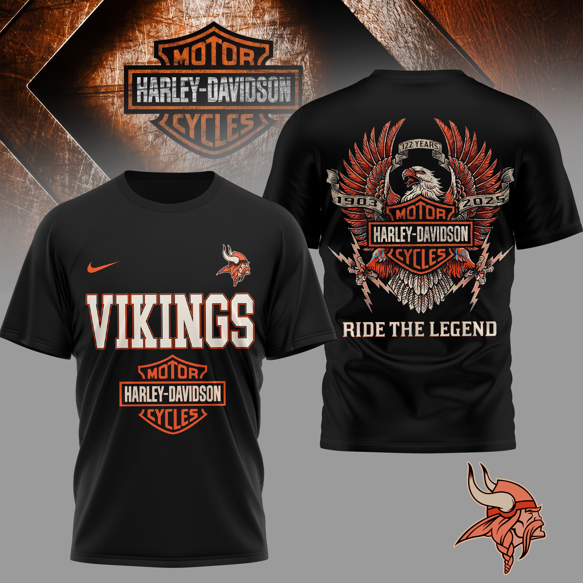 Minnesota Vikings | Premium NFL 122 Year Harley Davidson 3D Shirt TD