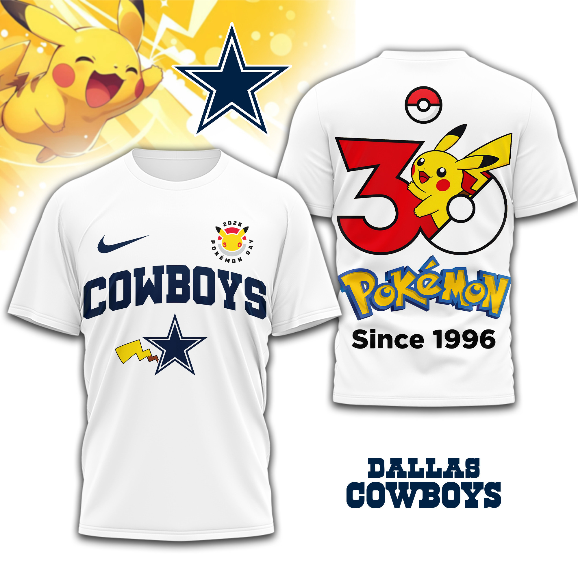 Dallas Cowboys | Premium NFL Pokemon 30th Anniversary 3D Shirt TD