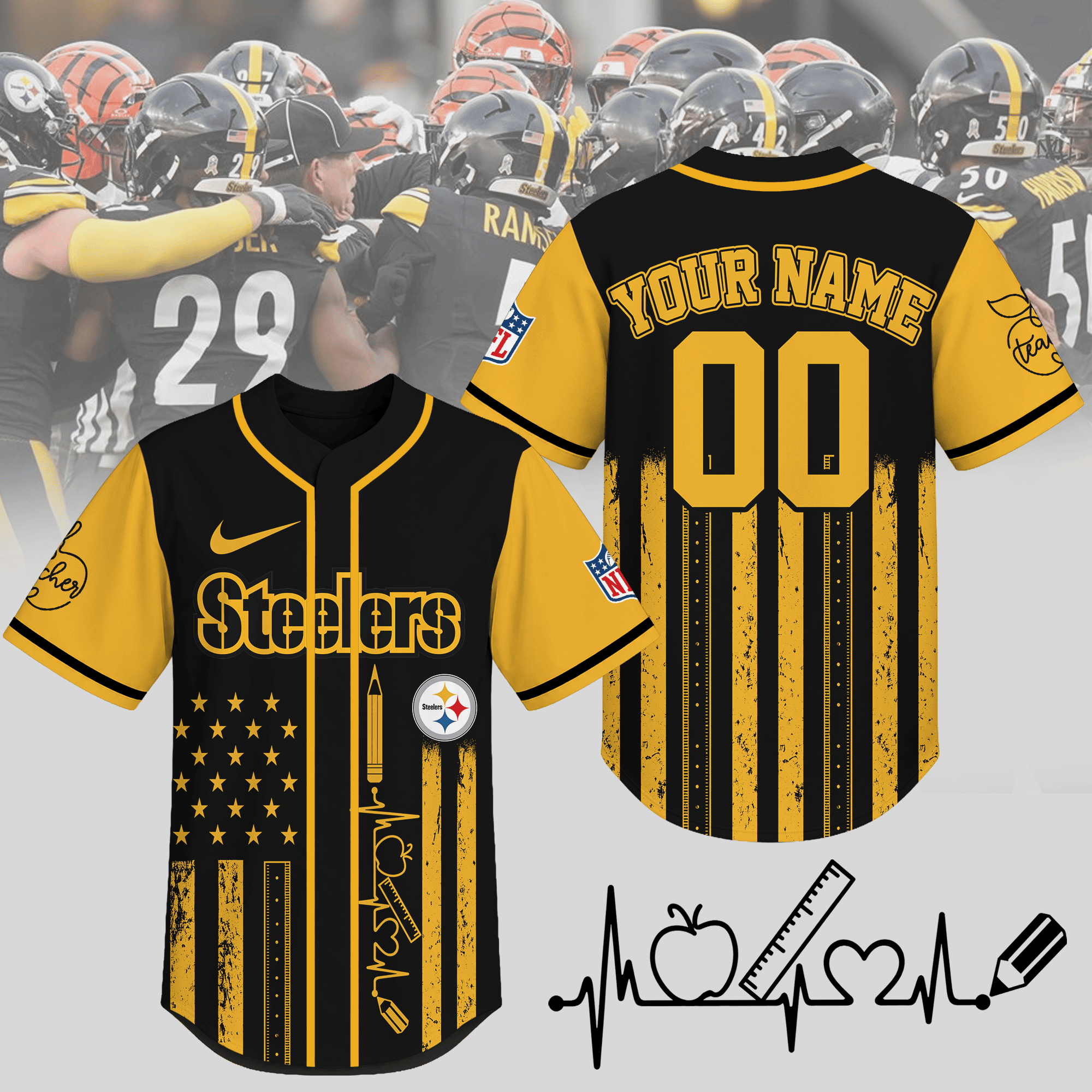 Pittsburgh Steelers | Premium NFL Personalized Teacher Heartbeat Jersey NTH1