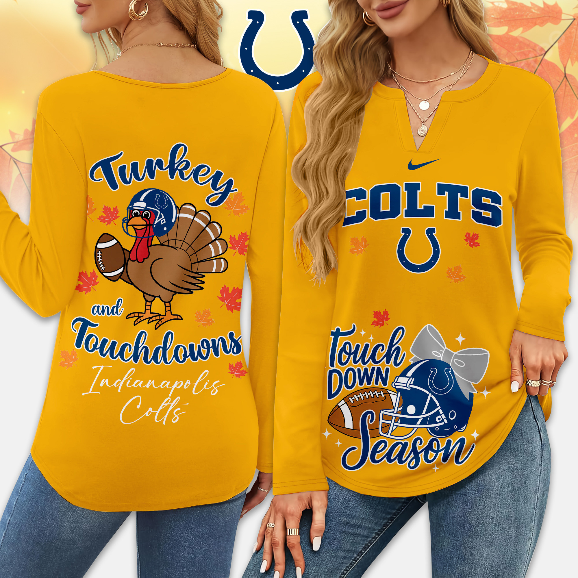 Indianapolis Colts | Premium NFL Turkey and Touchdowns V-neck Long Sleeve Shirt TD