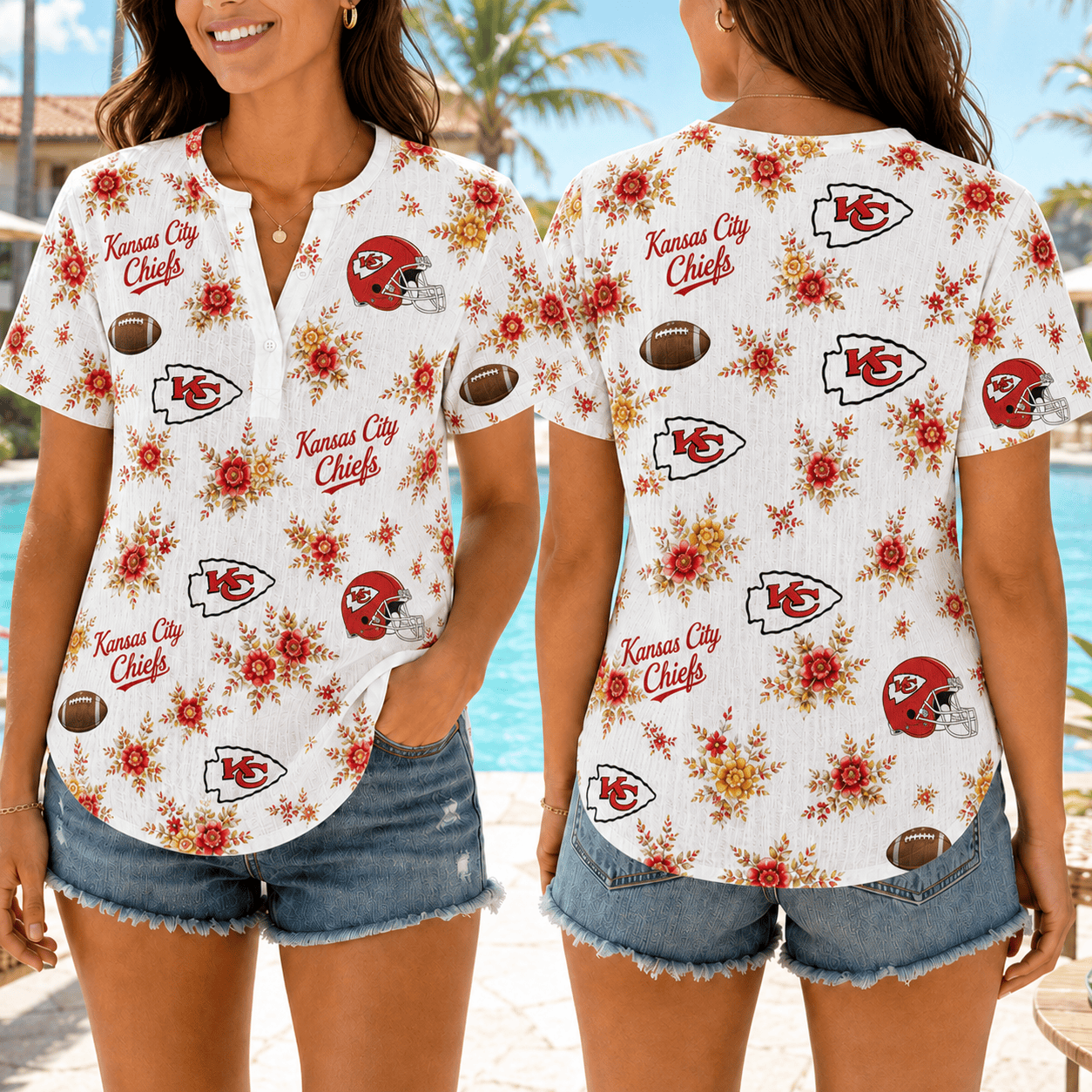 Kansas City Chiefs | Premium NFL Floral Football Women’s Summer Linen Shirt TD