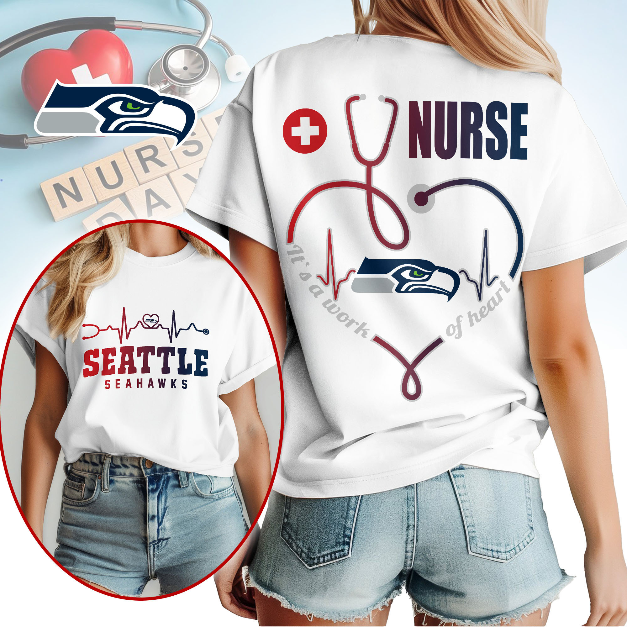 Seattle Seahawks | Premium NFL Nurse Heartbeat 3D T-Shirt NTH1