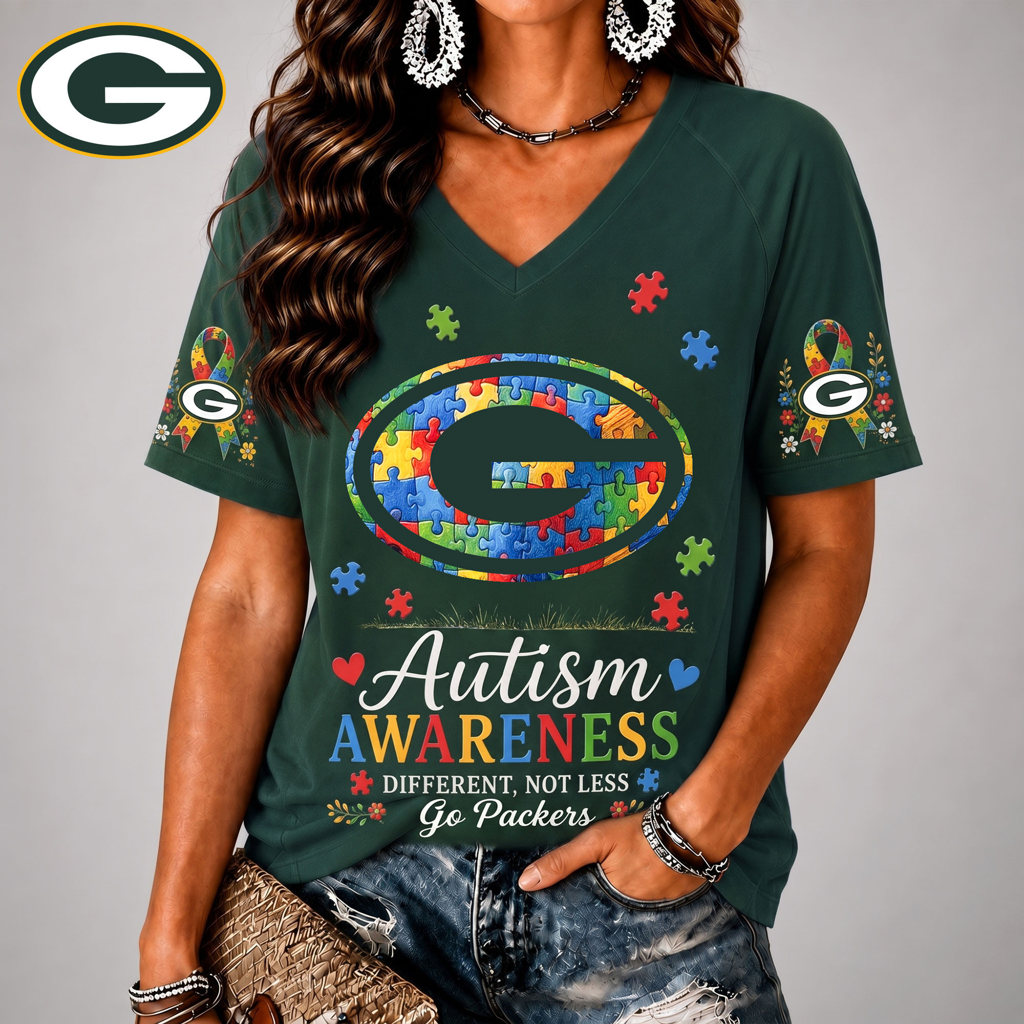 Green Bay Packers| Premium NFL Different, Not Less Autism Awareness V-neck Shirt NY