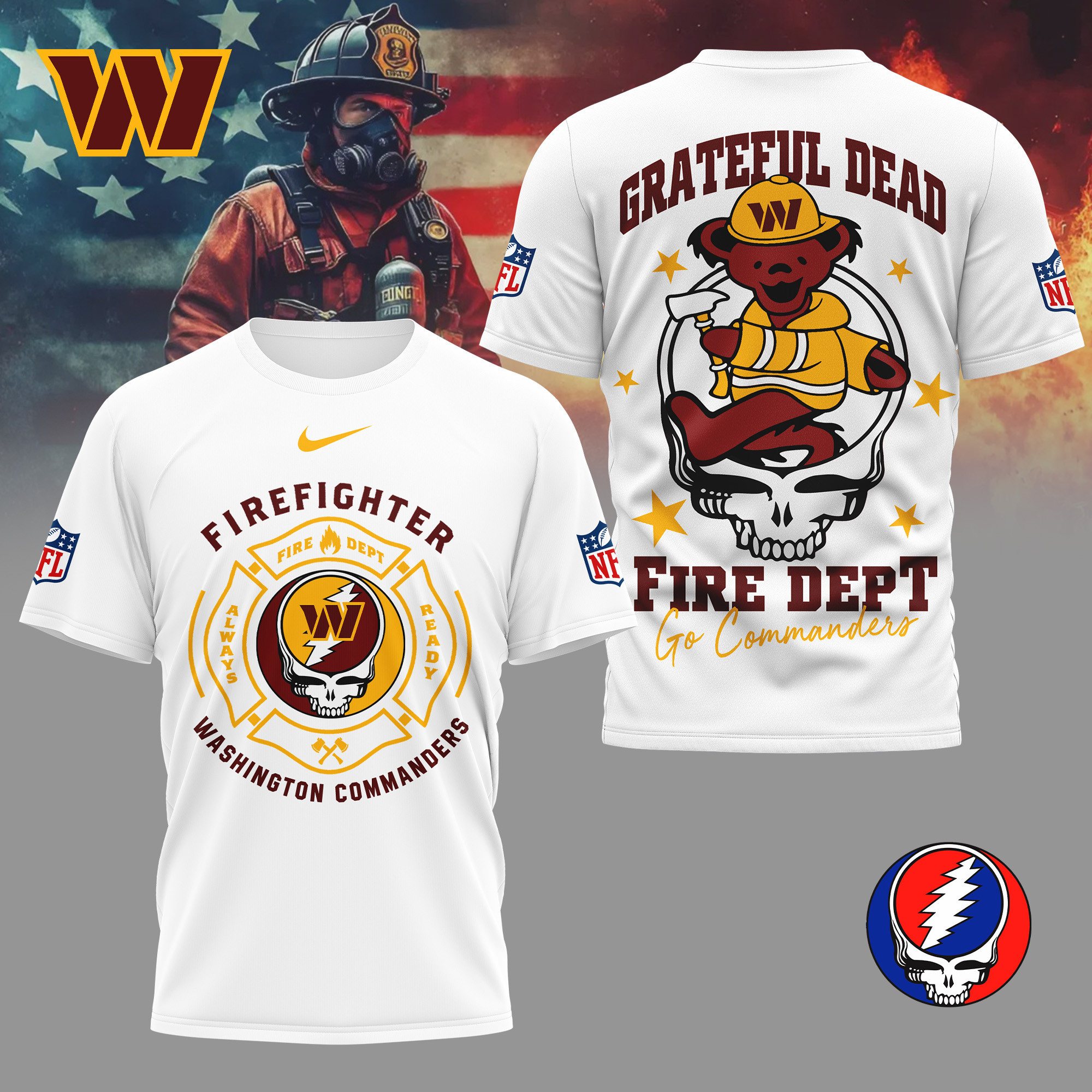 Washington Commanders | Premium NFL Grateful Dead Firefighter 3D Shirt NY