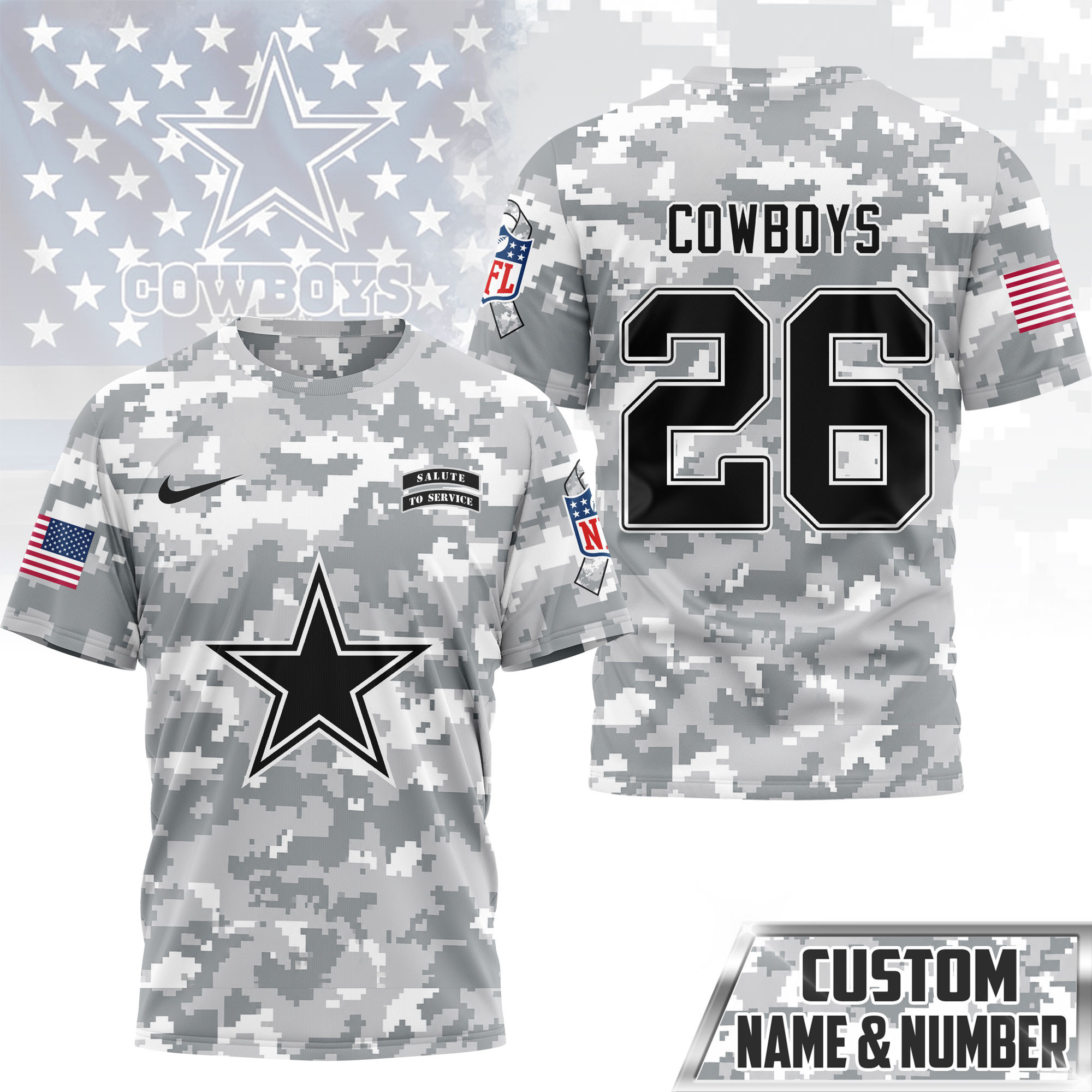Dallas Cowboys | Premium NFL Salute to Service Custom Name & Number Camo 3D Shirt NY