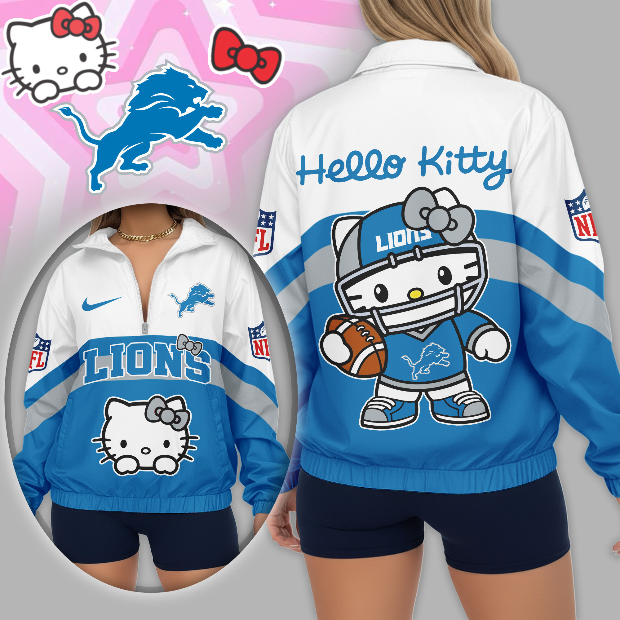 Detroit Lions | Premium NFL Hello Kitty V-neck Zipper TD