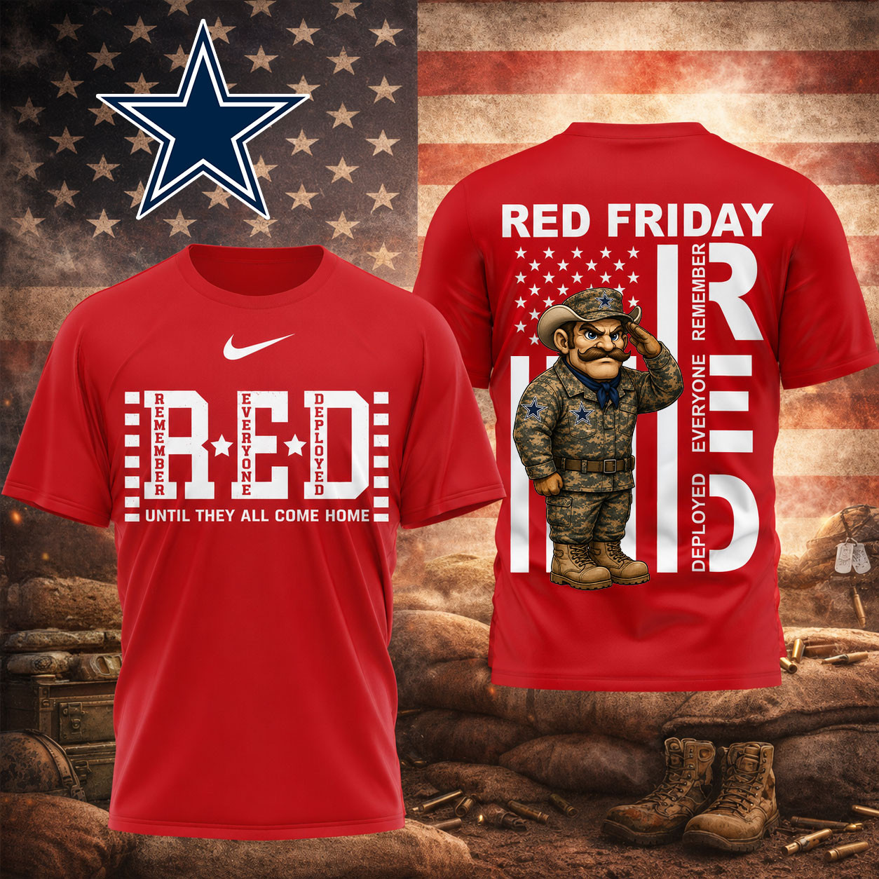 Dallas Cowboys | Premium NFL Red Friday Remember Everyone Deployed Veteran Tribute T-Shirt TD