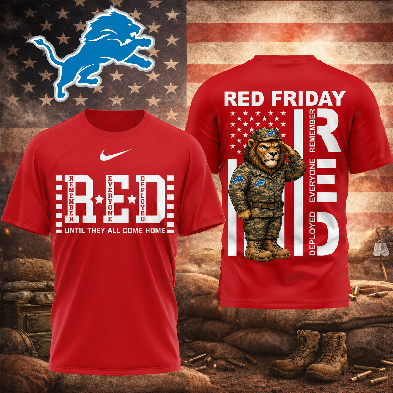Detroit Lions | Premium NFL Red Friday Remember Everyone Deployed Veteran Tribute T-Shirt TD