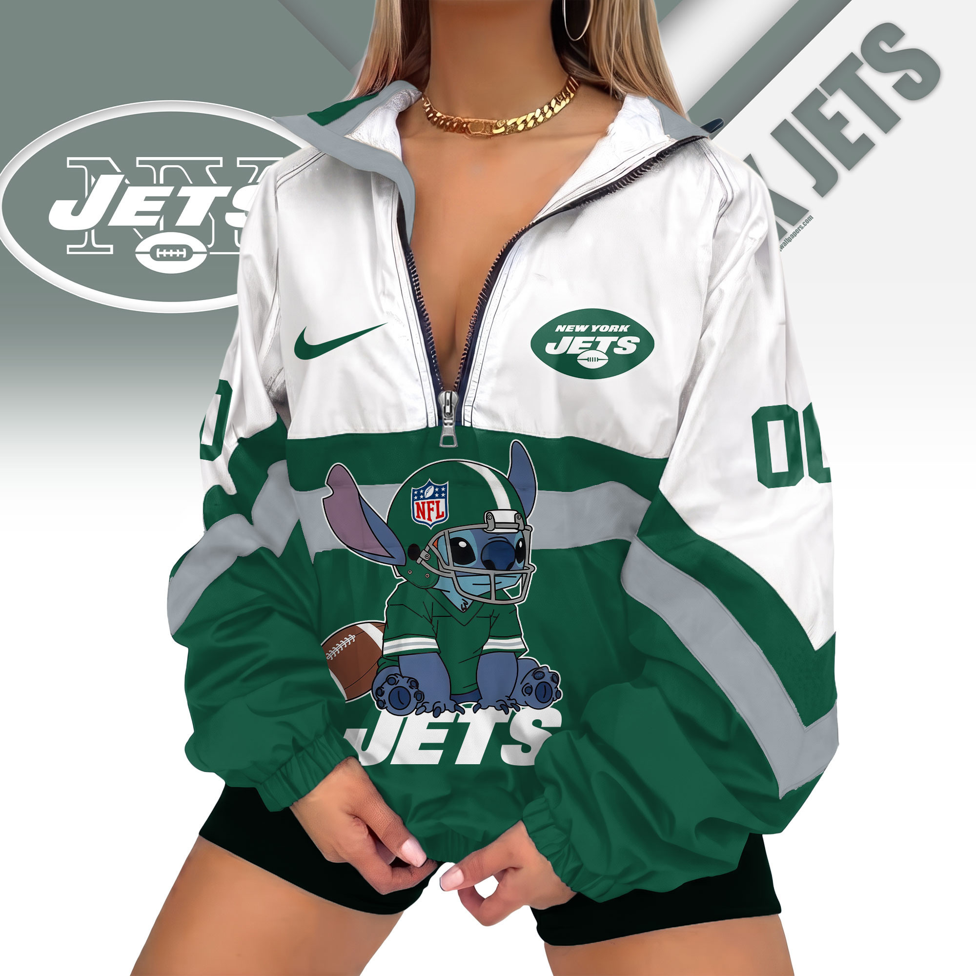 New York Jets | Premium NFL Cute Team Windbreaker V-Neck Zipper Sweatshirt Jackets NTH1