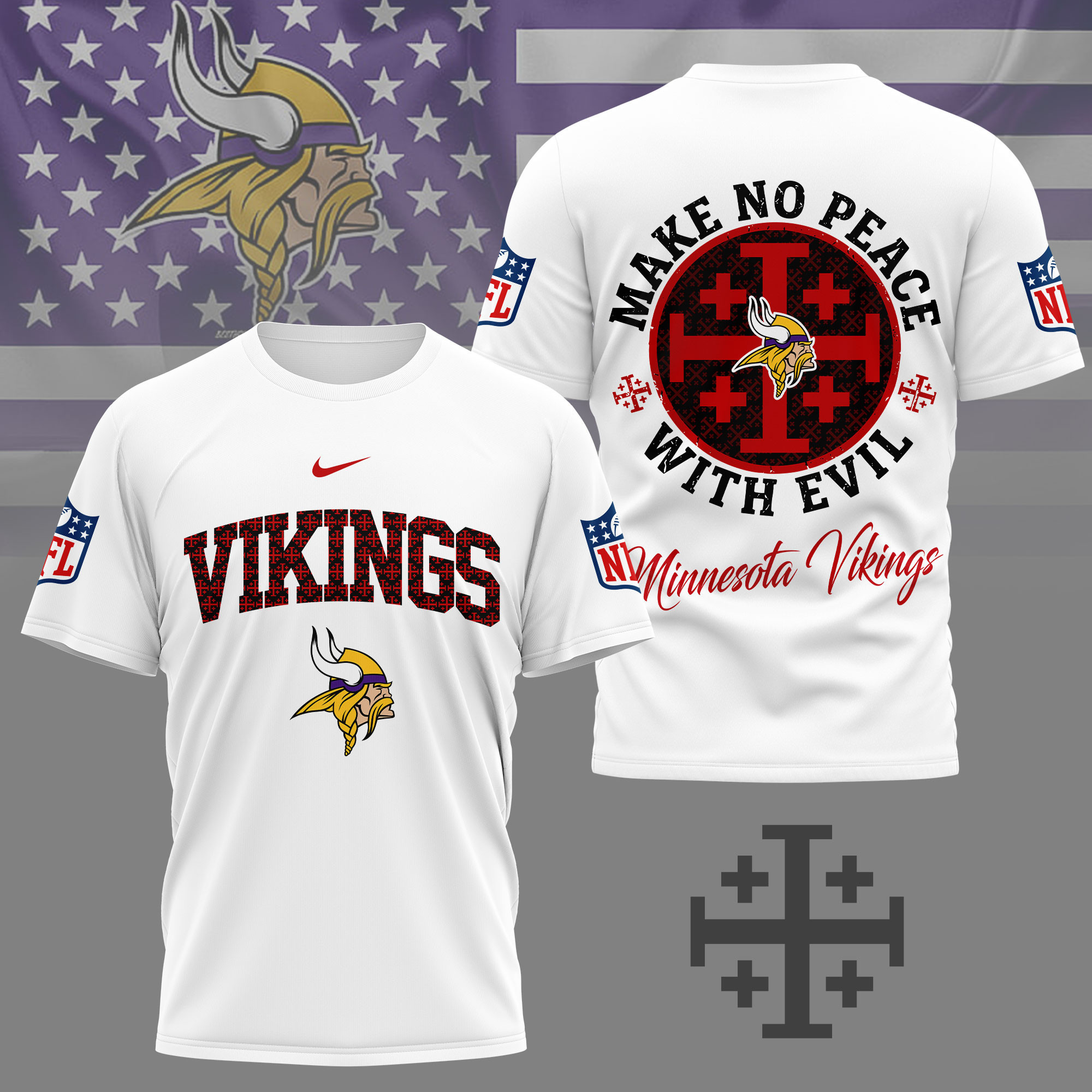 Minnesota Vikings | Premium NFL Make No Peace With Evil Jerusalem Cross 3D Shirt NY
