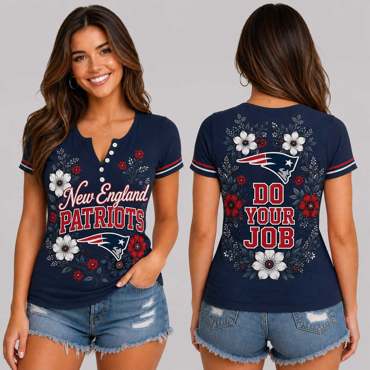 New England Patriots | Premium NFL Team Pride Elegant Game Day Women’s Button V-Neck Shirt TD