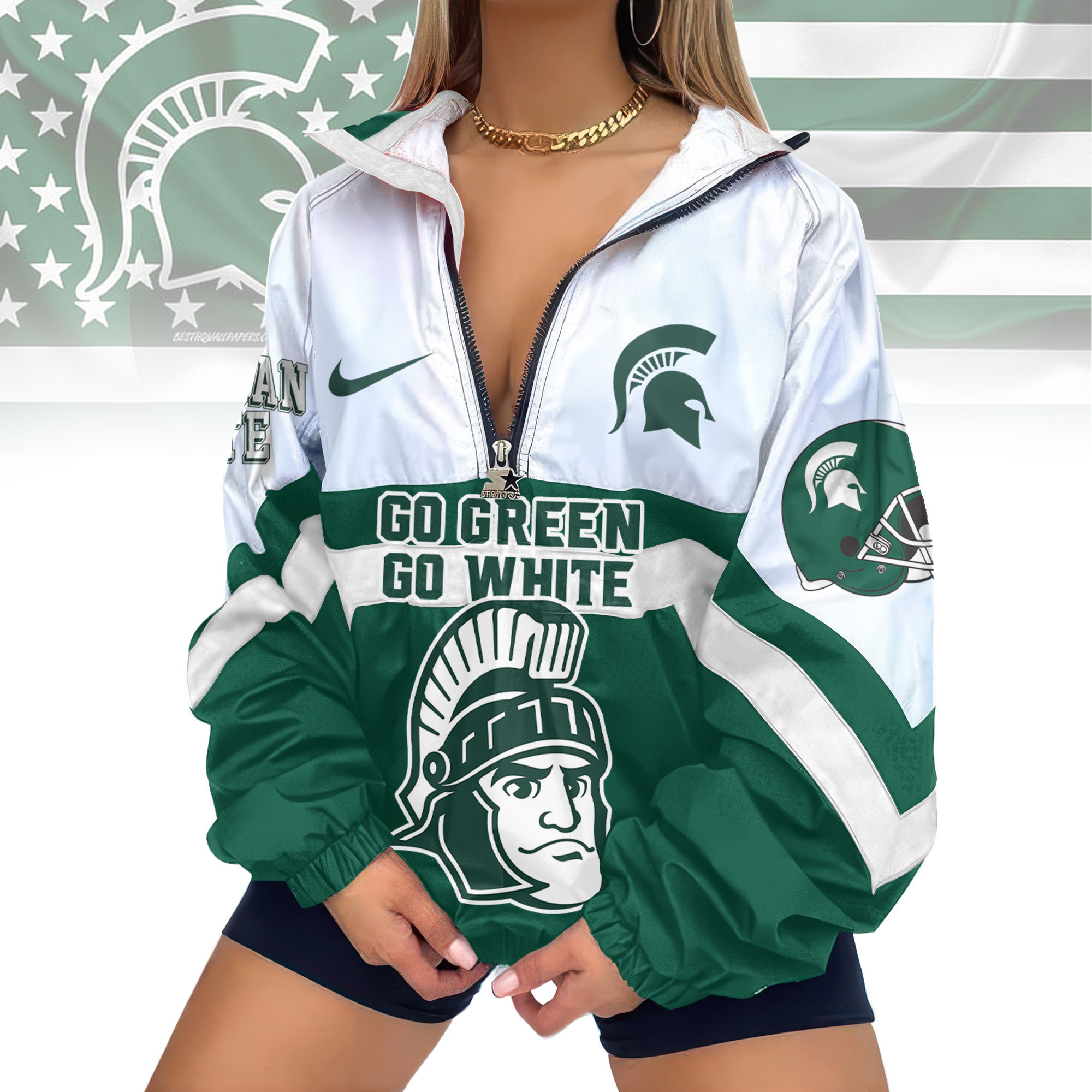 Michigan State Spartans | Premium Women's Printed V-Neck Zipper Sweatshirt Jackets TD