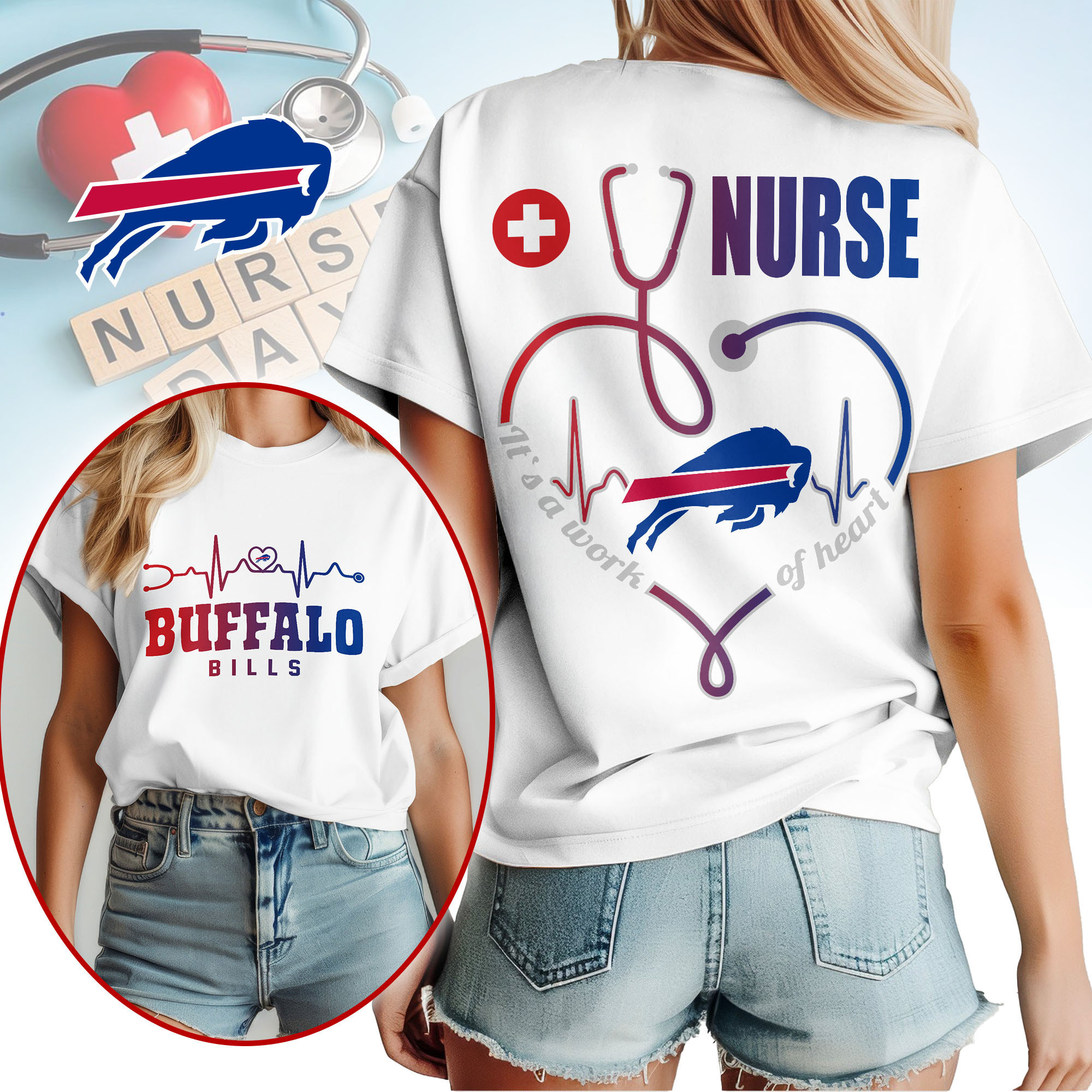 Buffalo Bills | Premium NFL Nurse Heartbeat 3D T-Shirt NTH1