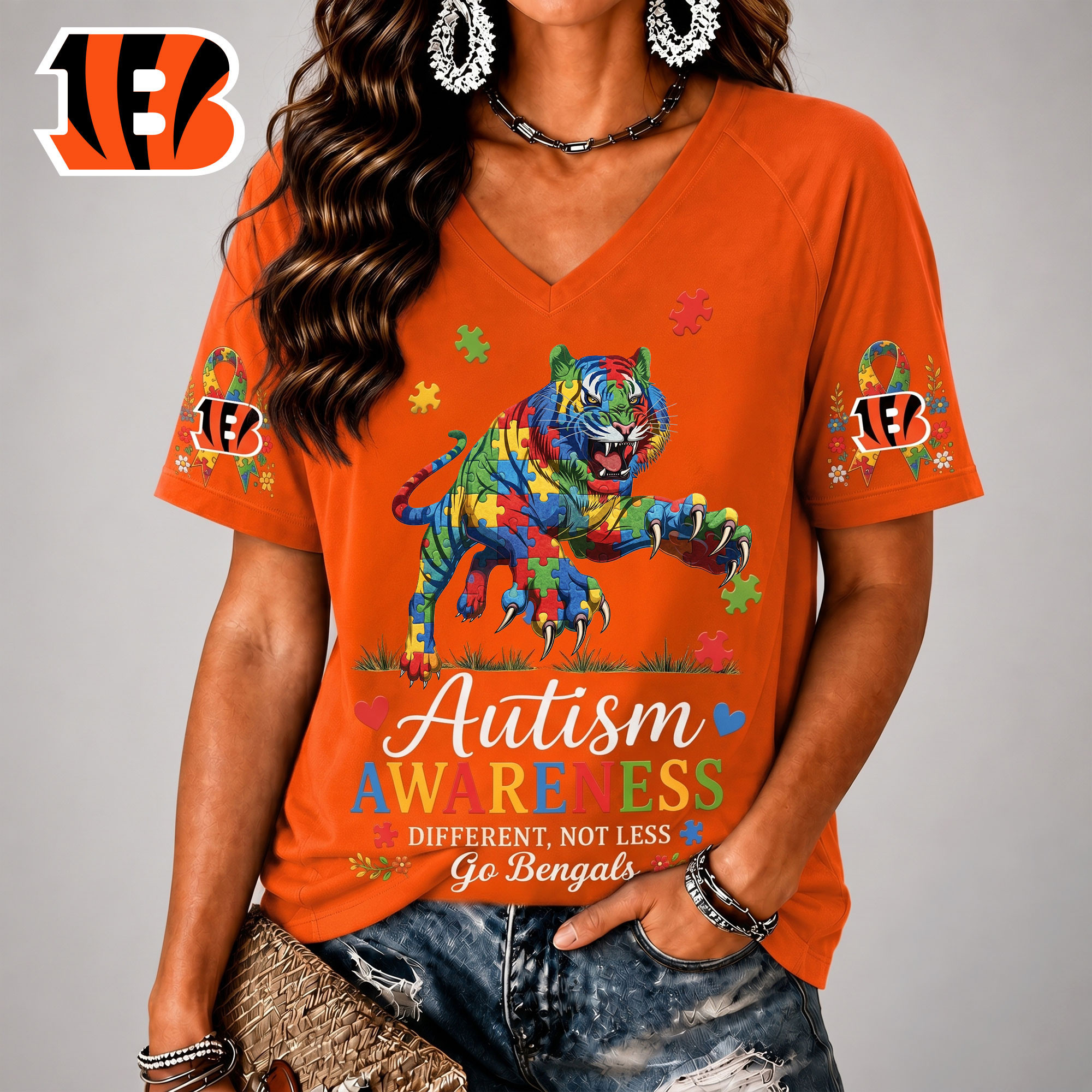 Cincinnati Bengals| Premium NFL Different, Not Less Autism Awareness V-neck Shirt NY