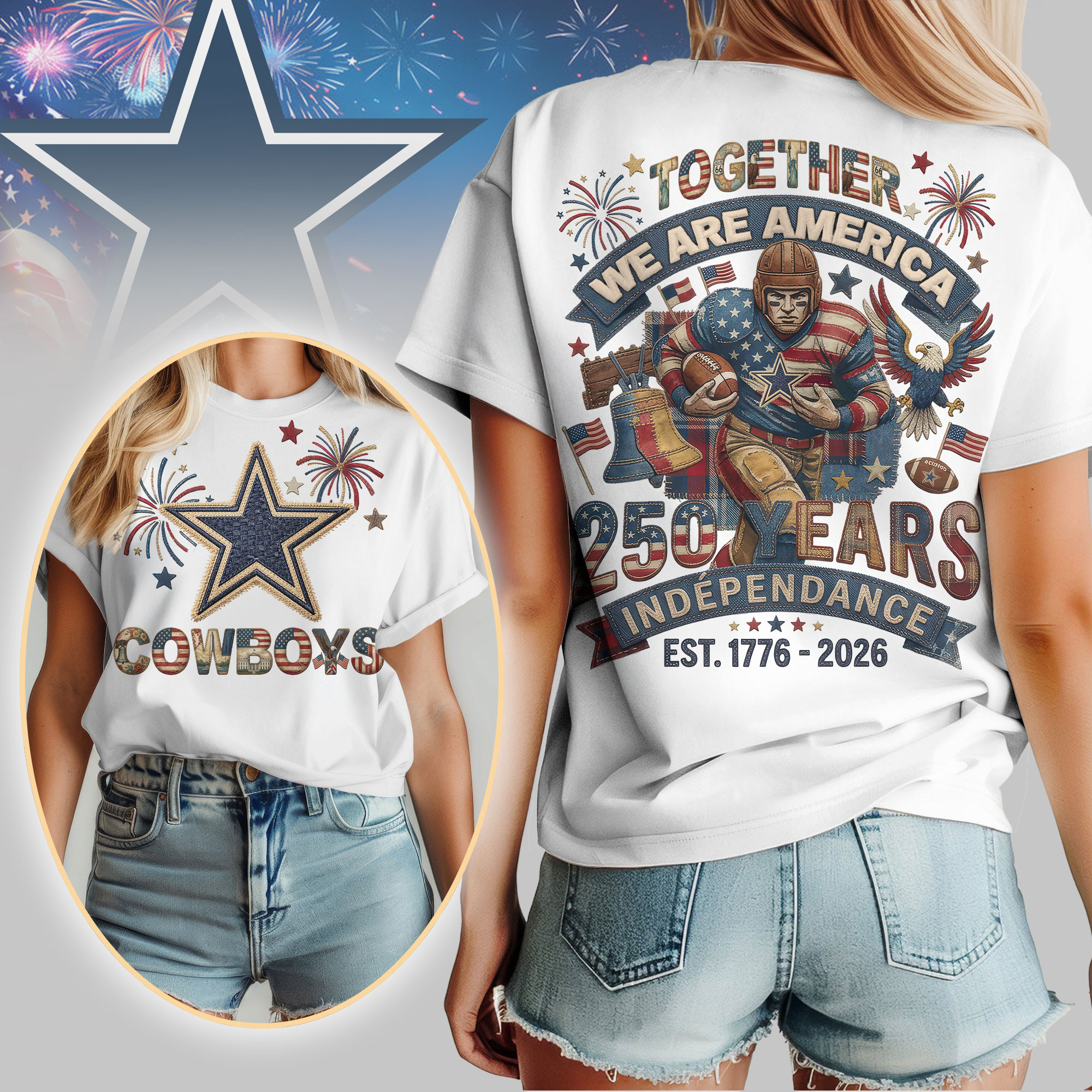 Dallas Cowboys | Premium NFL 250th Anniversary Of America Patchwork Women Shirt HY