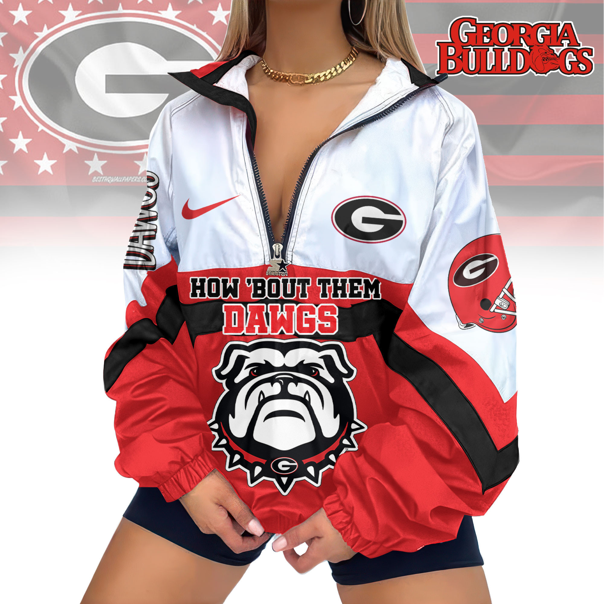Georgia Bulldogs | Premium Women's Printed V-Neck Zipper Sweatshirt Jackets TD