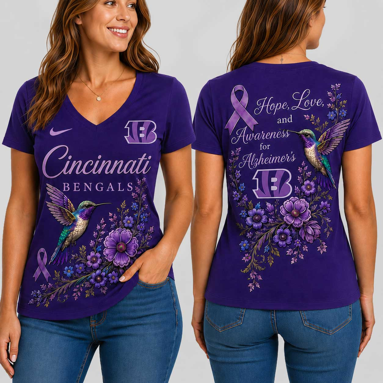 Cincinnati Bengals | Premium NFL Alzheimer’s Awareness Month V-neck Shirt