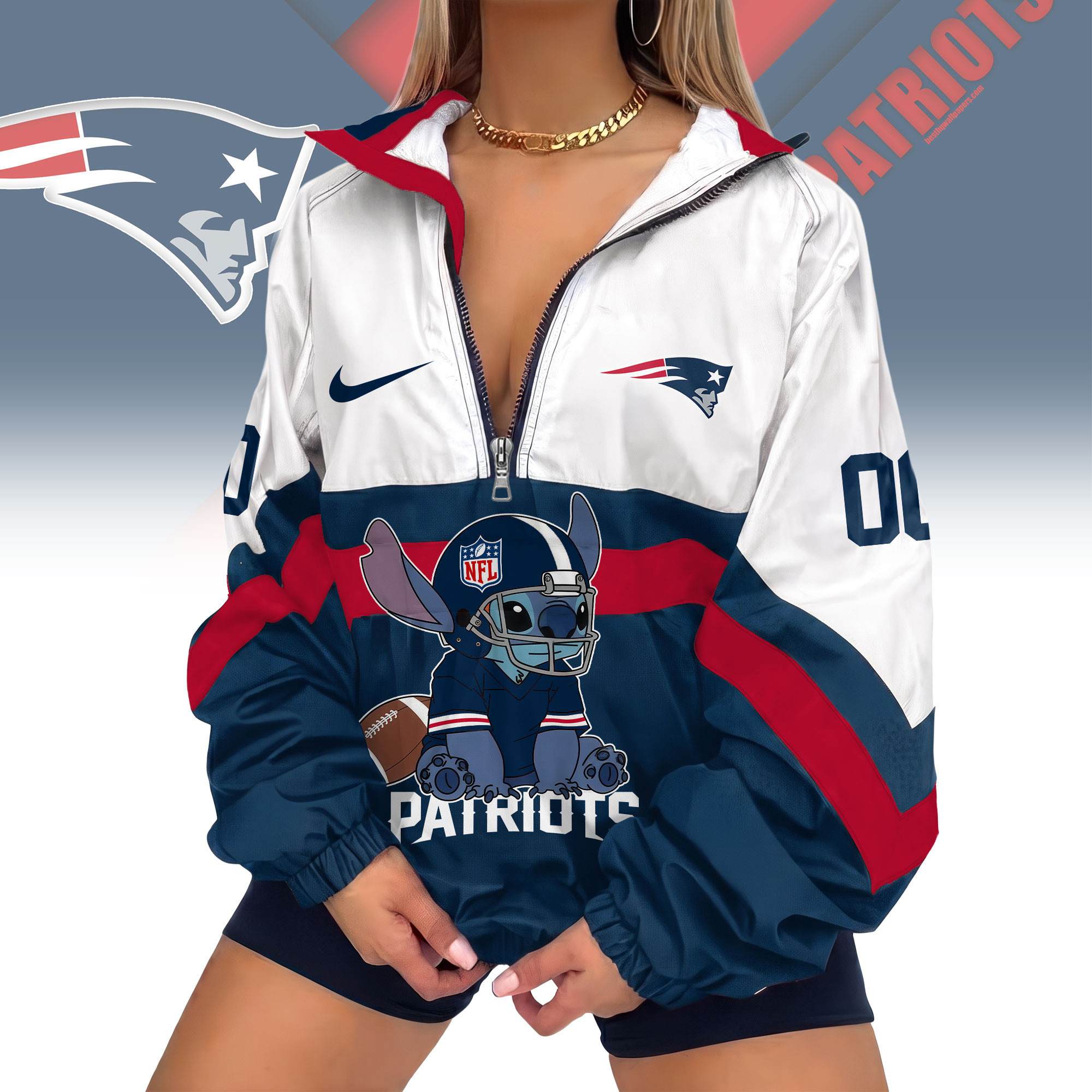 New England Patriots | Premium NFL Cute Team Windbreaker V-Neck Zipper Sweatshirt Jackets NTH1
