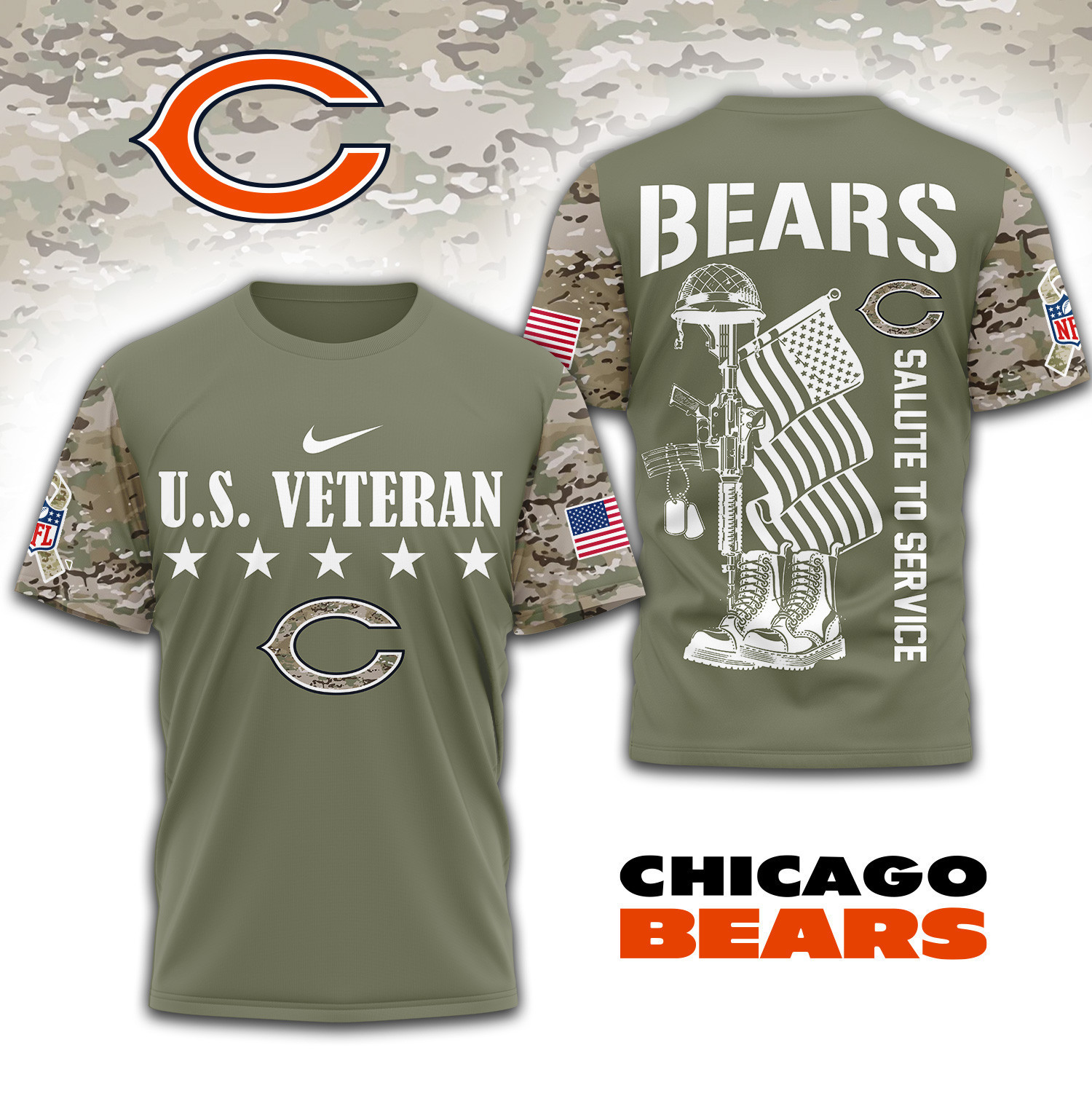 Chicago Bears | Premium NFL Salute To Service 3D Shirt TD