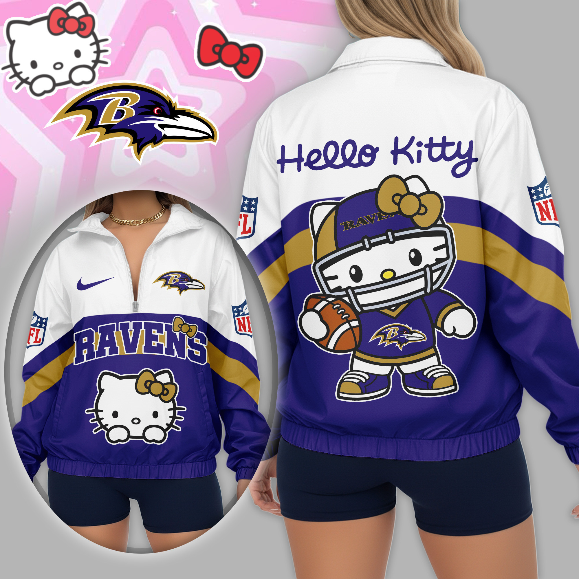 Baltimore Ravens | Premium NFL Hello Kitty V-neck Zipper TD