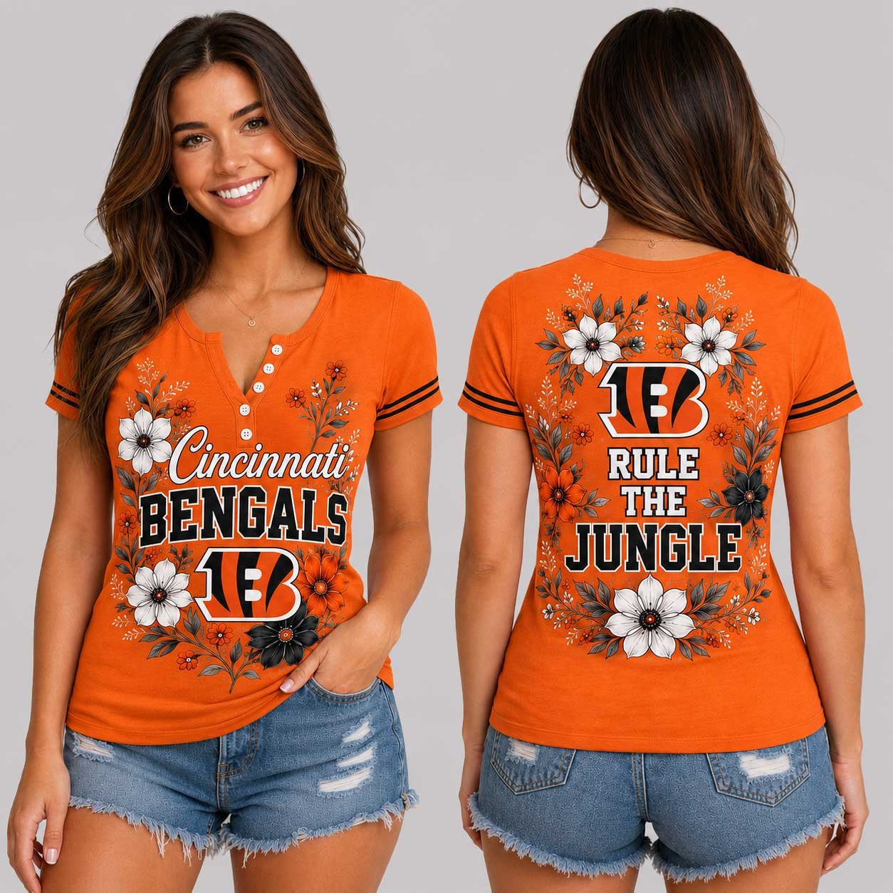 Cincinnati Bengals | Premium NFL Team Pride Elegant Game Day Women’s Button V-Neck Shirt TD