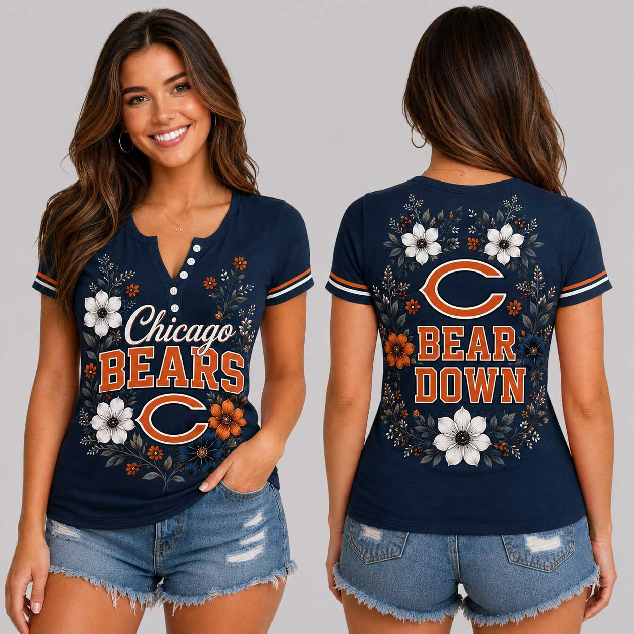 Chicago Bears | Premium NFL Team Pride Elegant Game Day Women’s Button V-Neck Shirt TD