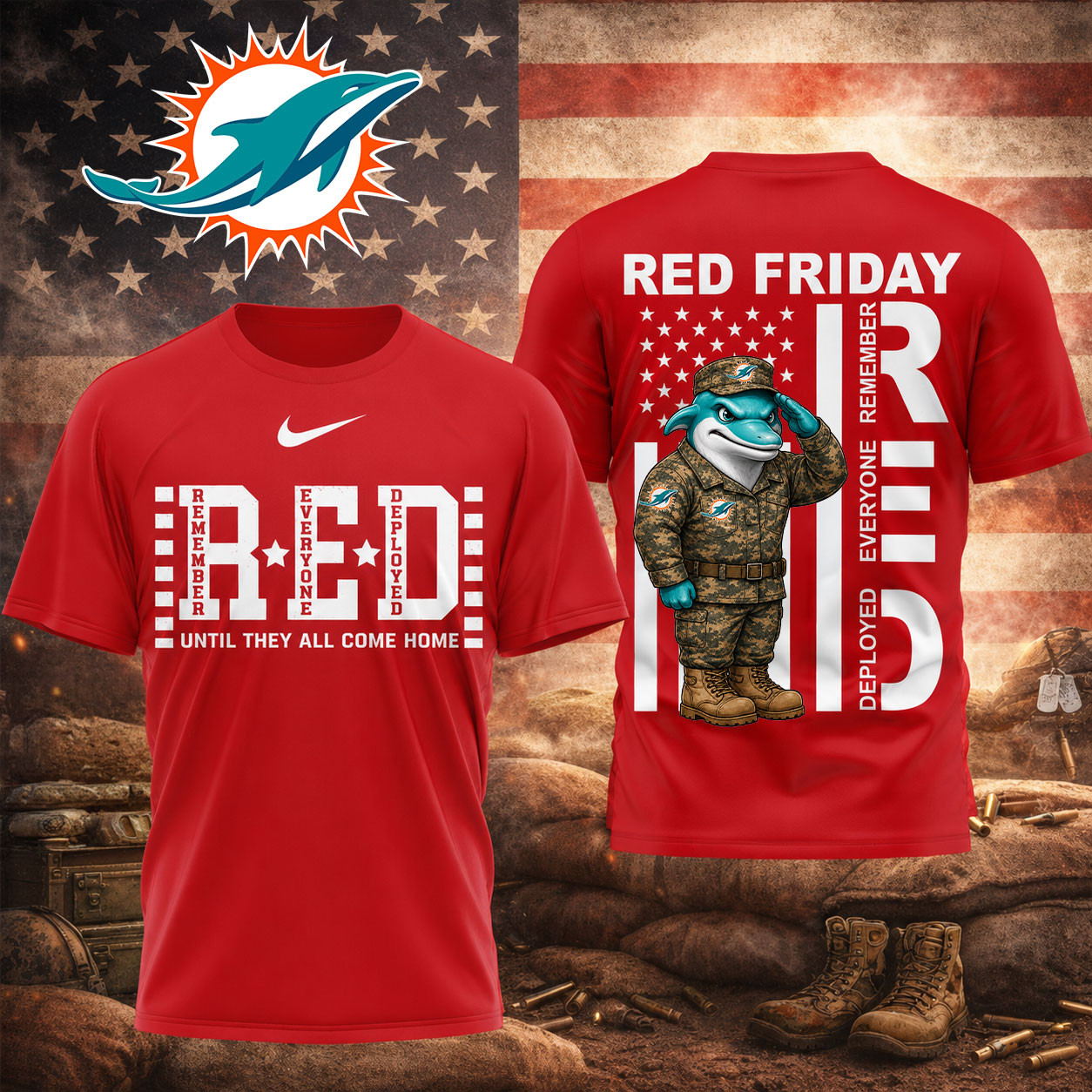 Miami Dolphins | Premium NFL Red Friday Remember Everyone Deployed Veteran Tribute T-Shirt TD